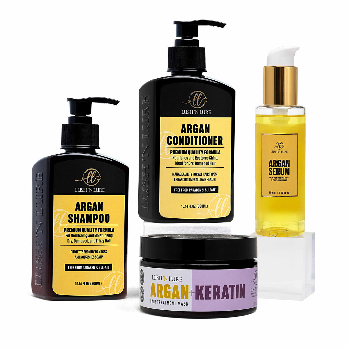 "LUSH 'N LURE Argan Shampoo, Conditioner, Hair Mask, and Serum displayed together with natural argan nuts and leaves, showcasing their hydrating formulas for soft, healthy hair."