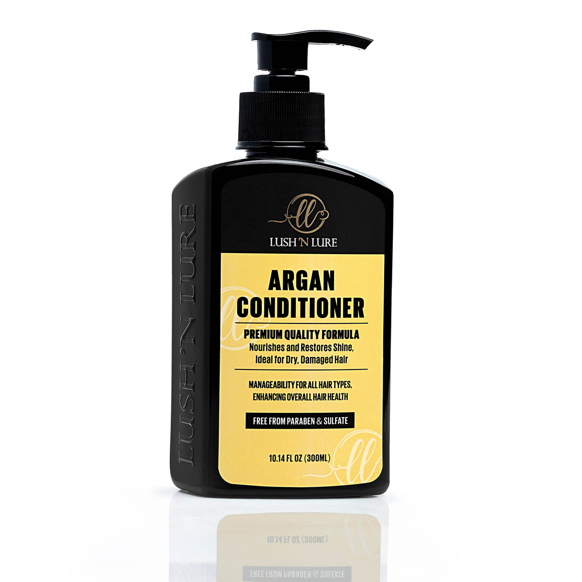 "LUSH 'N LURE Argan Conditioner displayed elegantly with a smooth backdrop, showcasing its hydrating formula designed to nourish and soften hair."