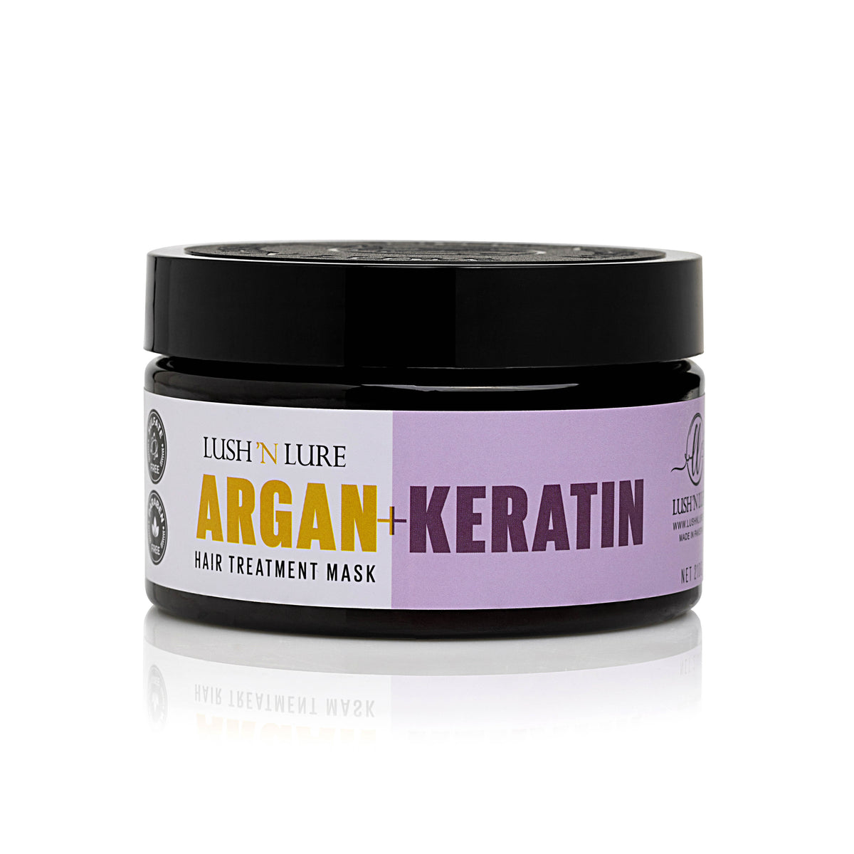 "LUSH 'N LURE Argan & Keratin Mask displayed elegantly against a soft background, highlighting its nourishing formula designed to deeply hydrate and restore hair health."