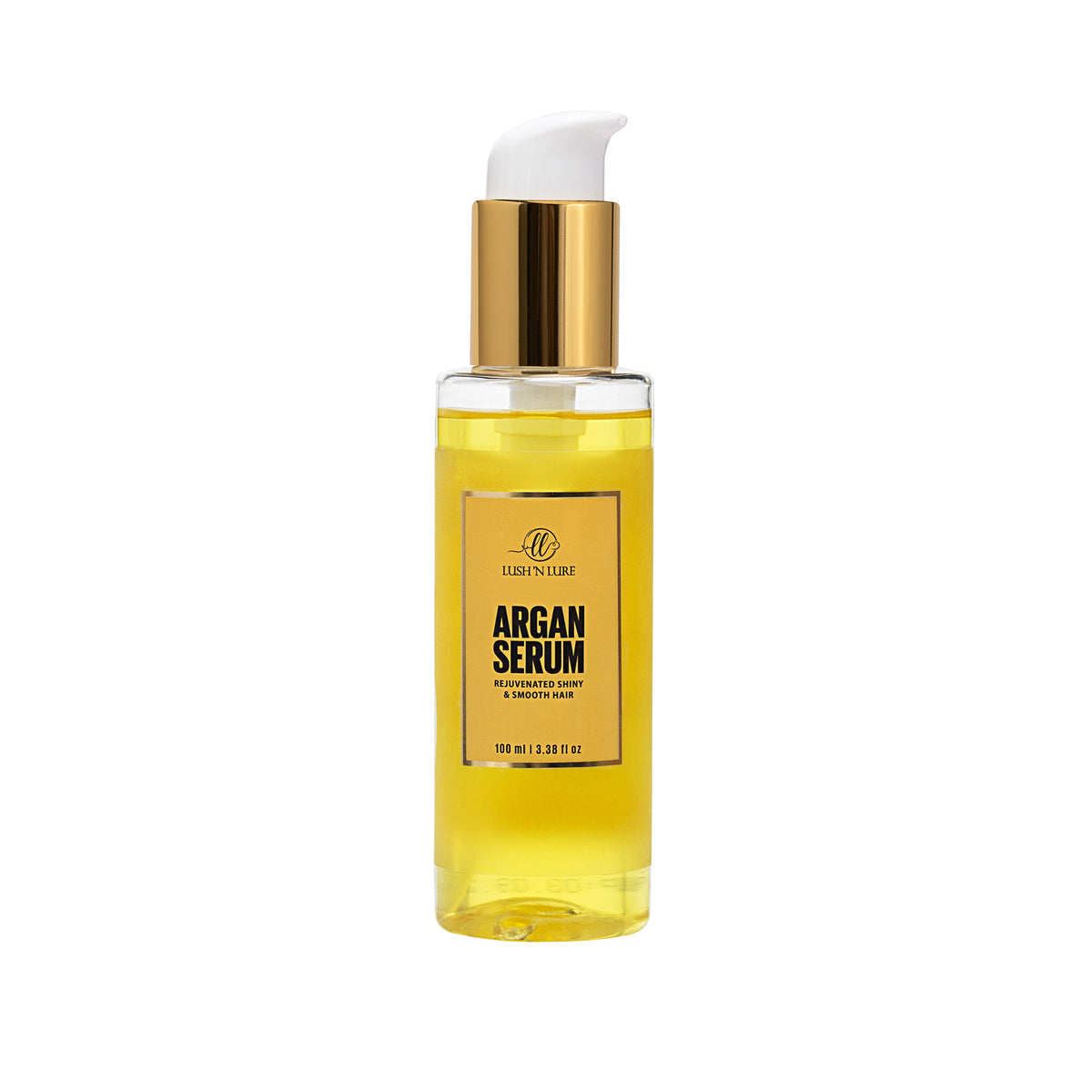 "LUSH 'N LURE Argan Serum bottle elegantly presented with a backdrop of argan nuts and leaves, highlighting its nourishing formula designed to hydrate and soften hair."
