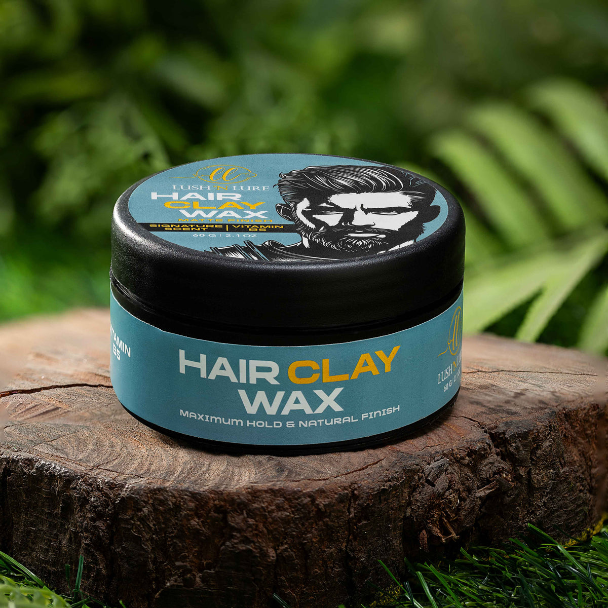 Jar of hair clay styling wax on a wooden stump with a natural background