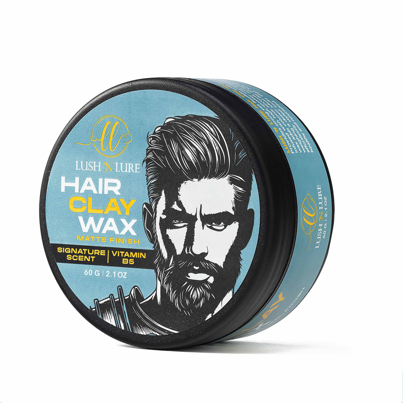 Hair clay styling wax container with a man's face on the label against a white background
