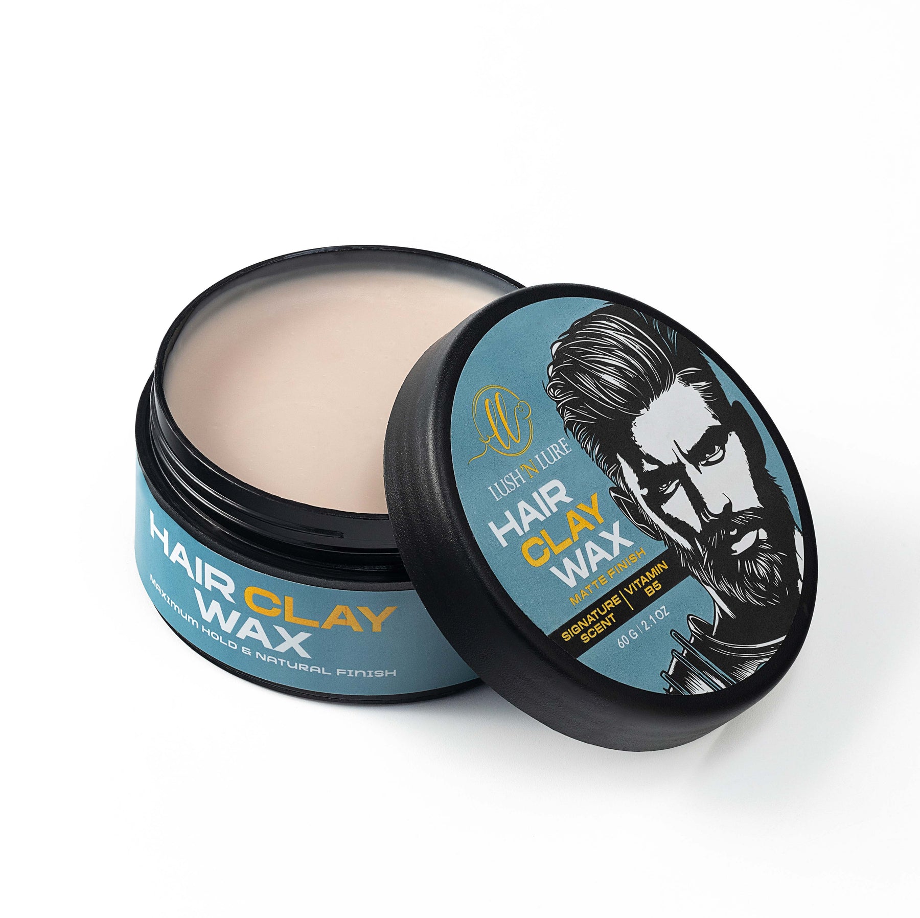 Hair clay styling wax container with open lid on a white background
