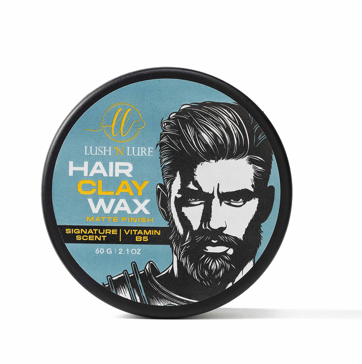 Hair clay styling wax container with a man's face on the label against a white background