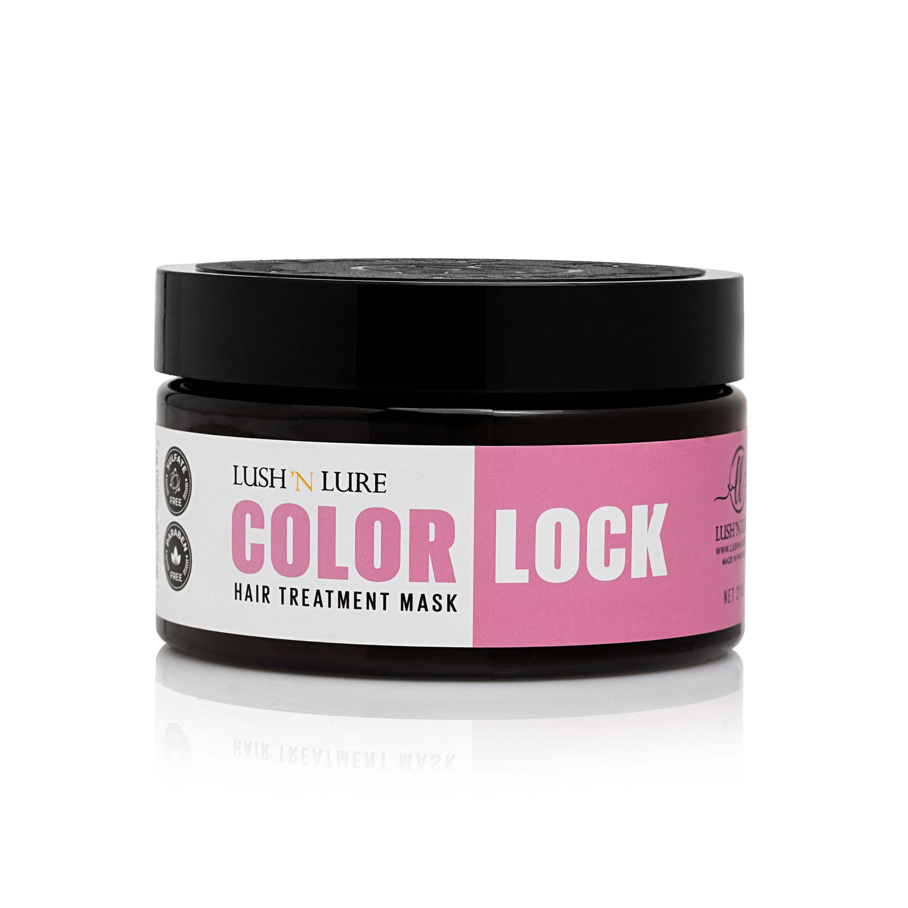 "LUSH 'N LURE Color Lock Hair Mask displayed with colorful floral elements, showcasing its rich formula designed to deeply nourish and protect color-treated hair."