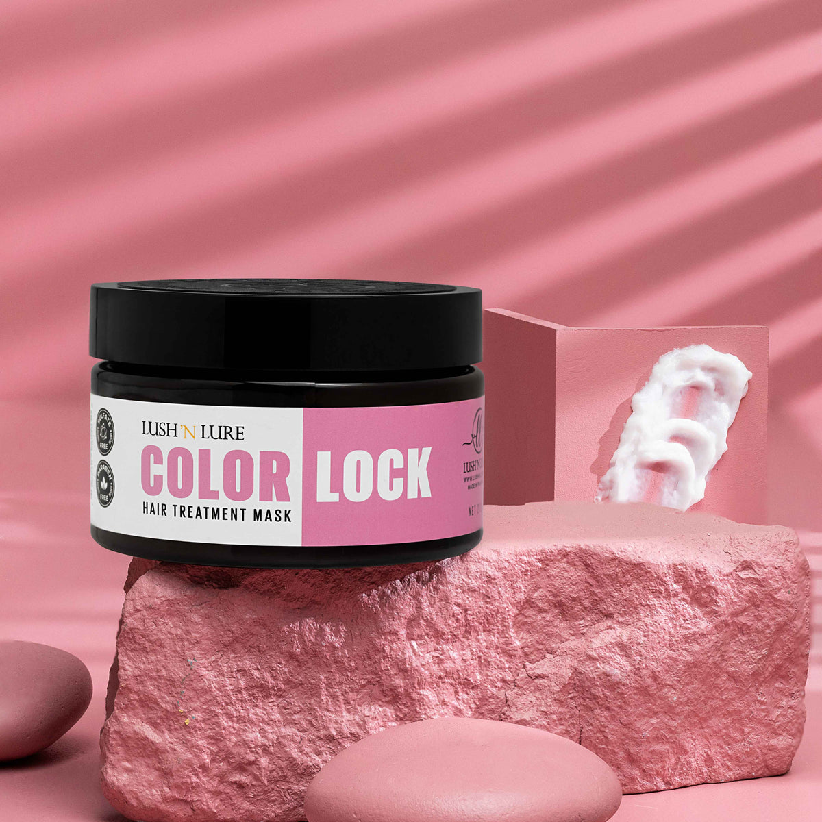 "LUSH 'N LURE Color Lock Hair Mask displayed with colorful floral elements, showcasing its rich formula designed to deeply nourish and protect color-treated hair."