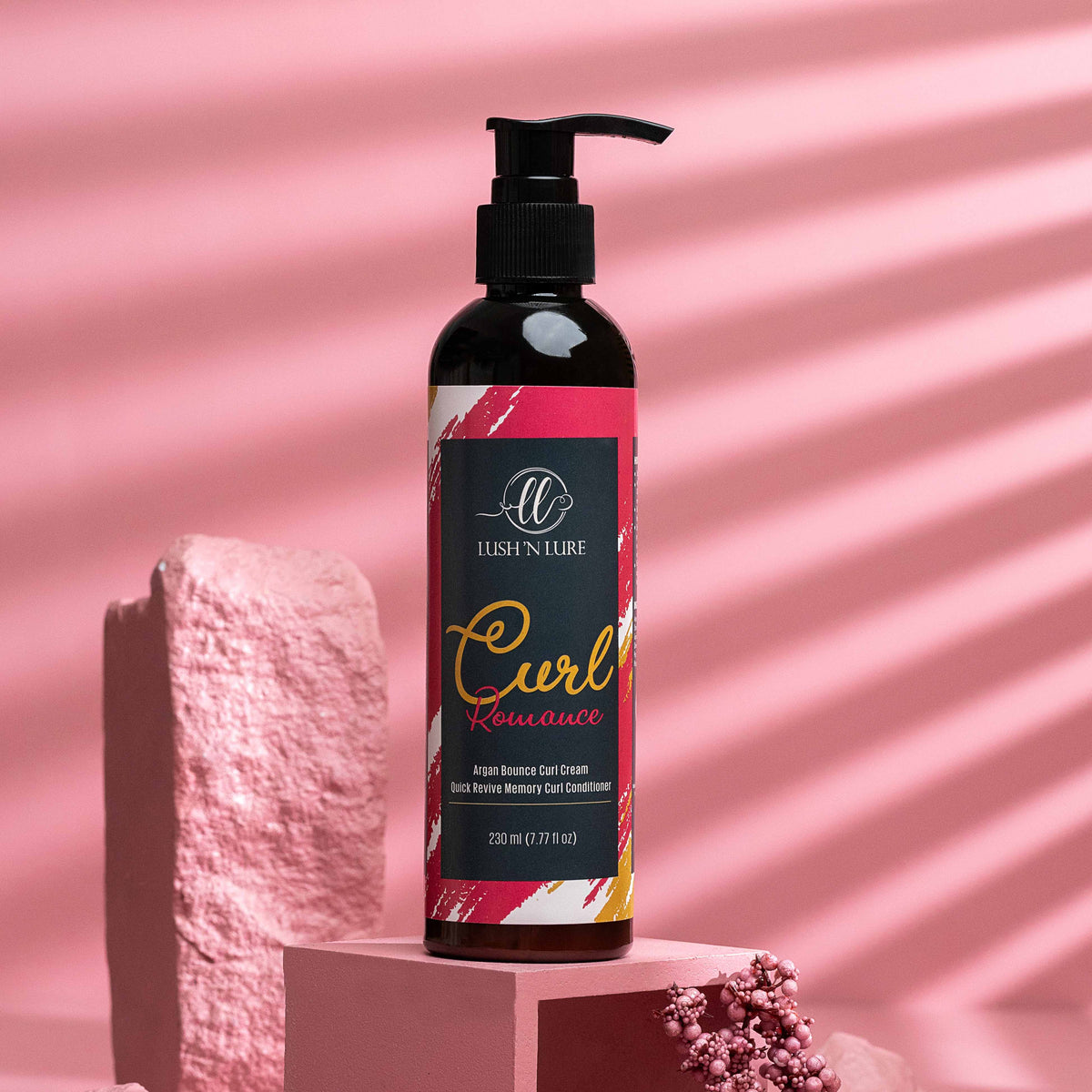 "LUSH 'N LURE Curl Hair Lotion displayed elegantly with curling tendrils in the background, highlighting its hydrating formula designed to define and enhance natural curls."