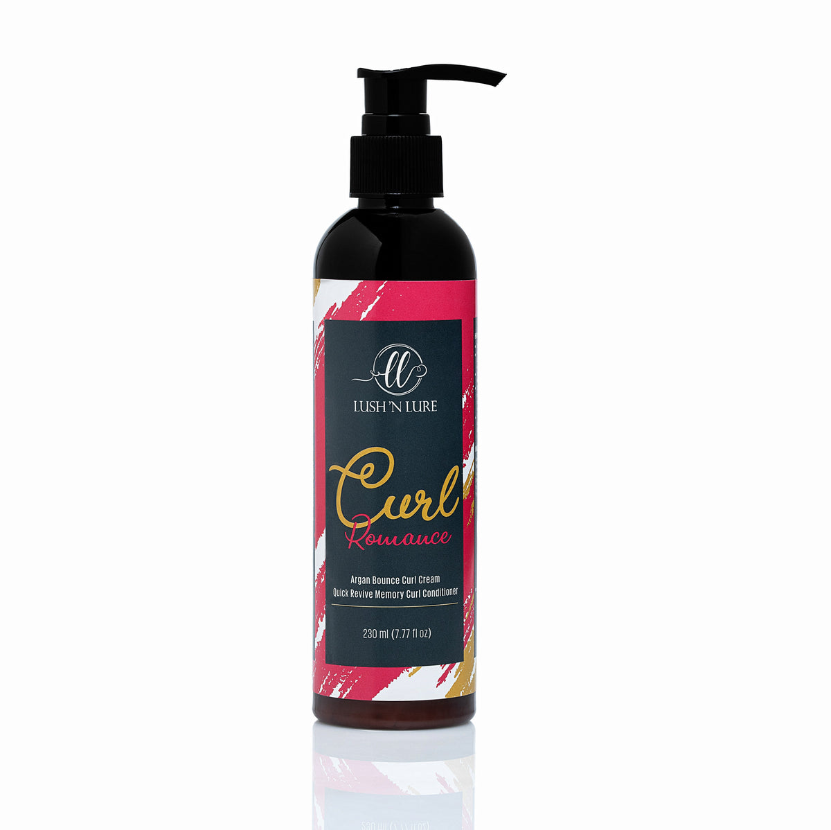 "LUSH 'N LURE Curl Hair Lotion displayed elegantly with curling tendrils in the background, highlighting its hydrating formula designed to define and enhance natural curls."