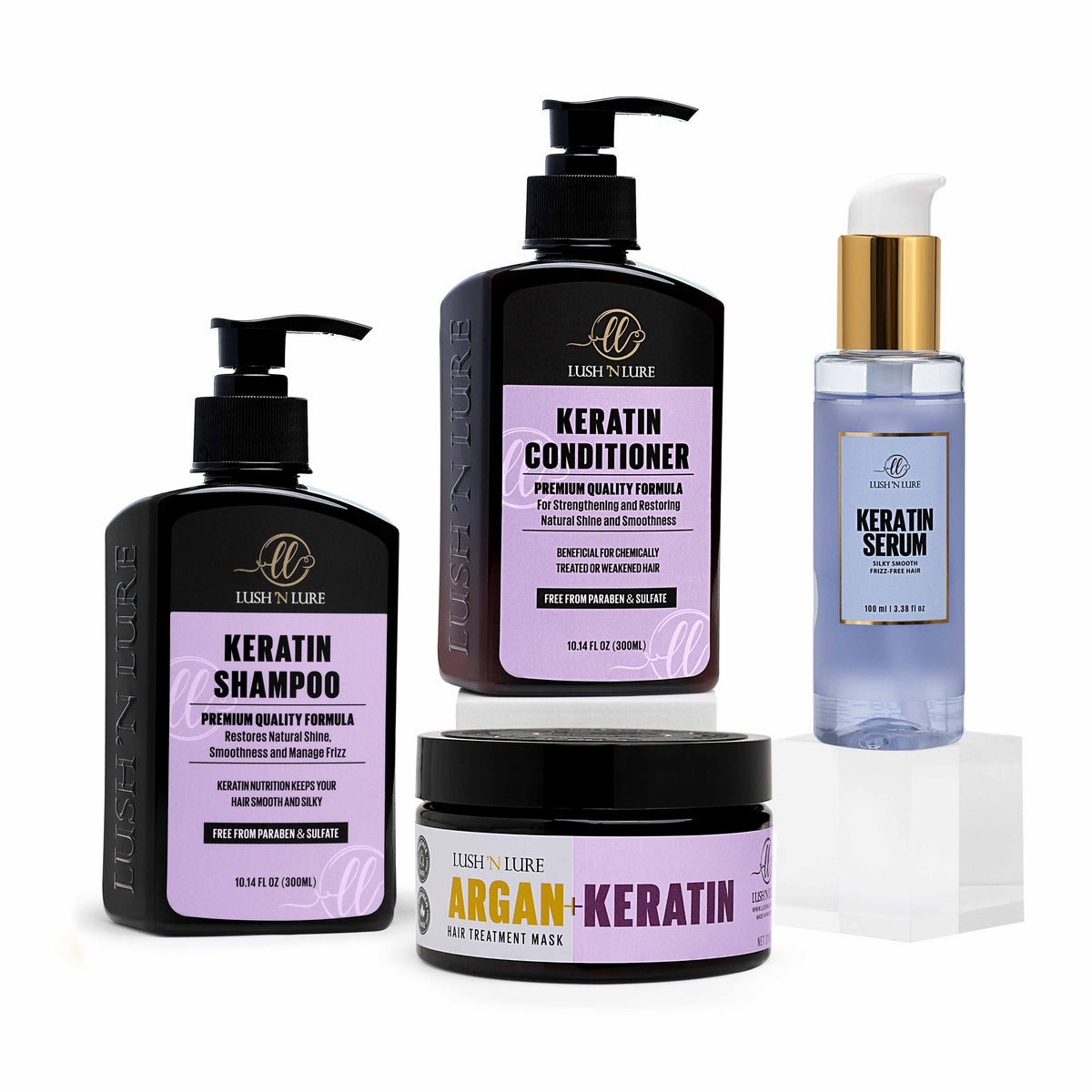 "LUSH 'N LURE Keratin Shampoo, Conditioner, Serum, and Hair Mask bundle arranged together with smooth fabric and natural elements, highlighting their frizz-fighting formula for sleek, manageable hair."