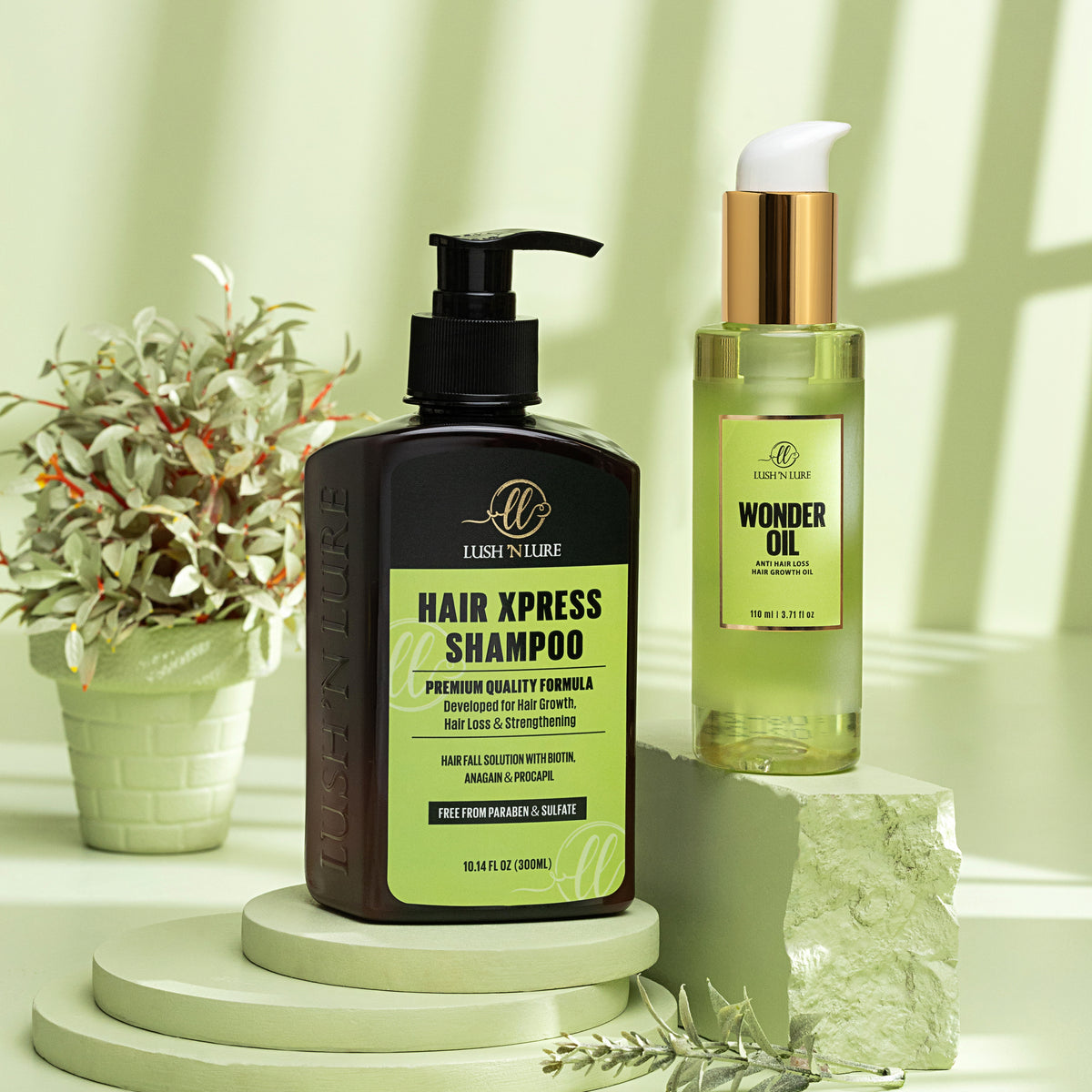 "LUSH 'N LURE Hair Xpress Shampoo and Wonder Oil for Hair Fall & Growth duo arranged together, showcasing their effective formulas for promoting healthy hair growth and reducing hair fall."