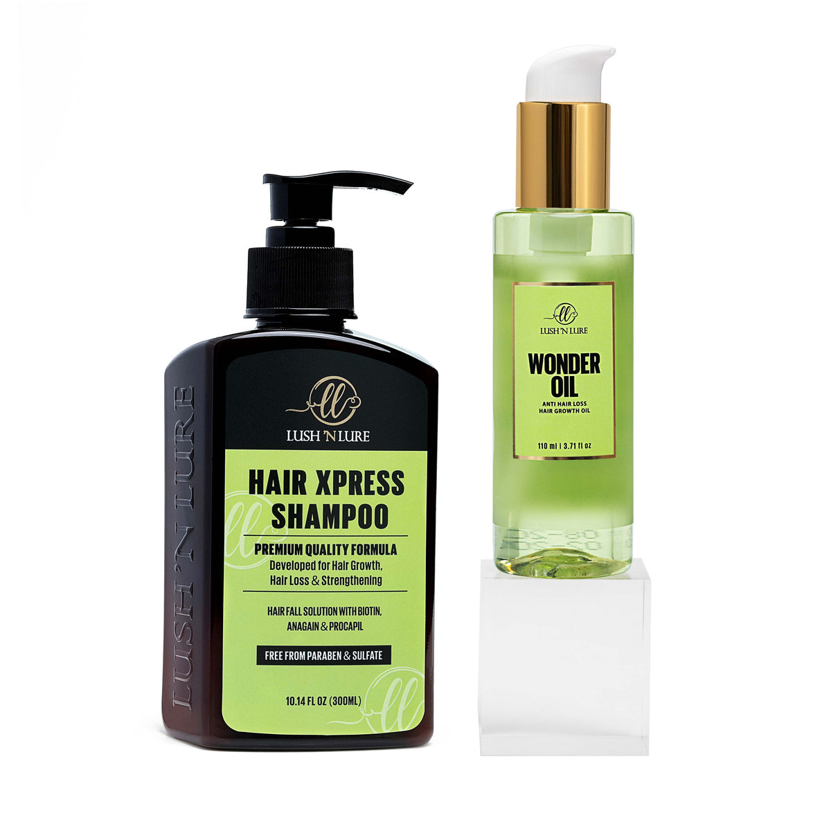 "LUSH 'N LURE Hair Xpress Shampoo and Wonder Oil for Hair Fall & Growth duo arranged together, showcasing their effective formulas for promoting healthy hair growth and reducing hair fall."