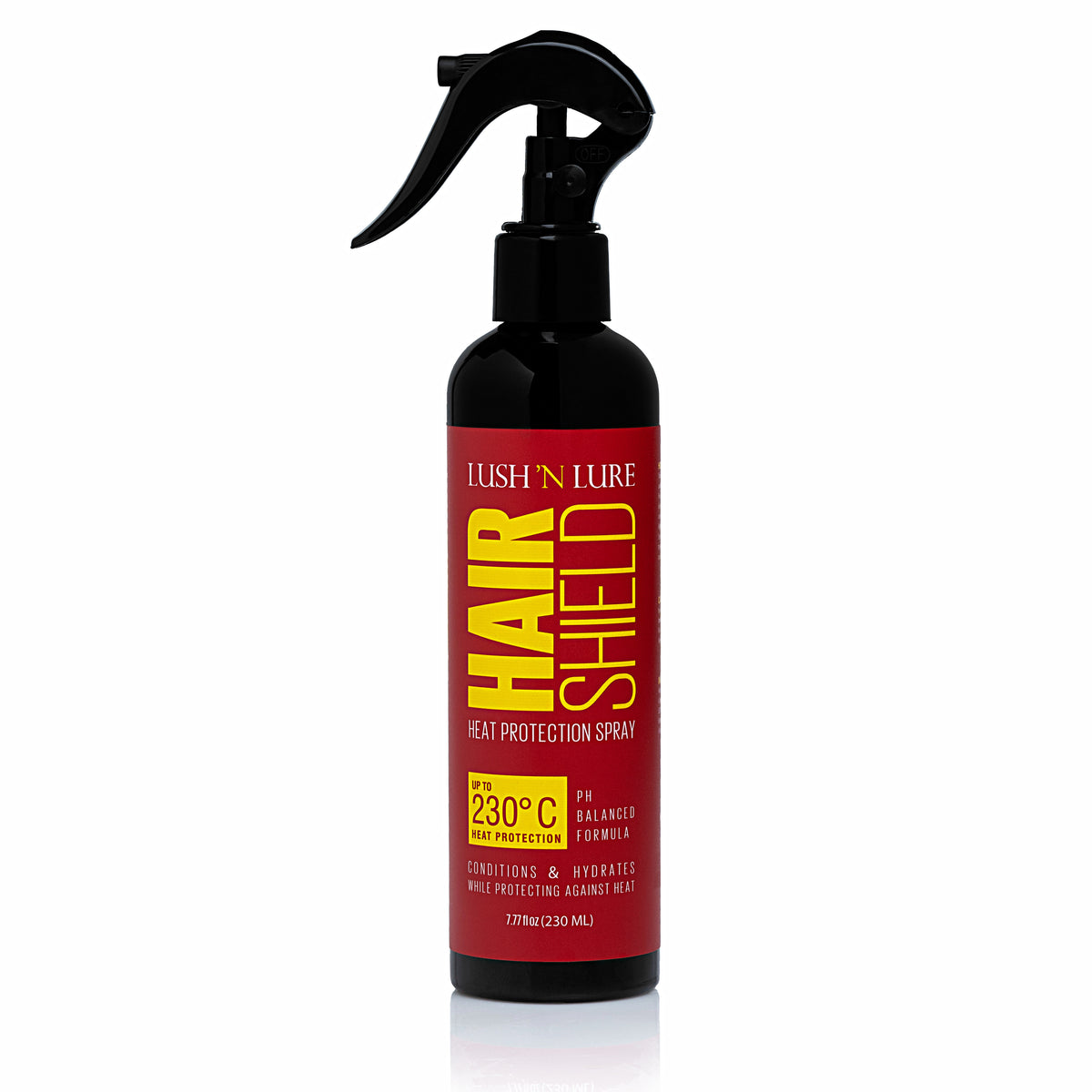 "LUSH 'N LURE Heat Protection Spray with a temperature rating of up to 230°C, displayed against a sleek background, emphasizing its formula designed to shield hair from heat damage while styling."