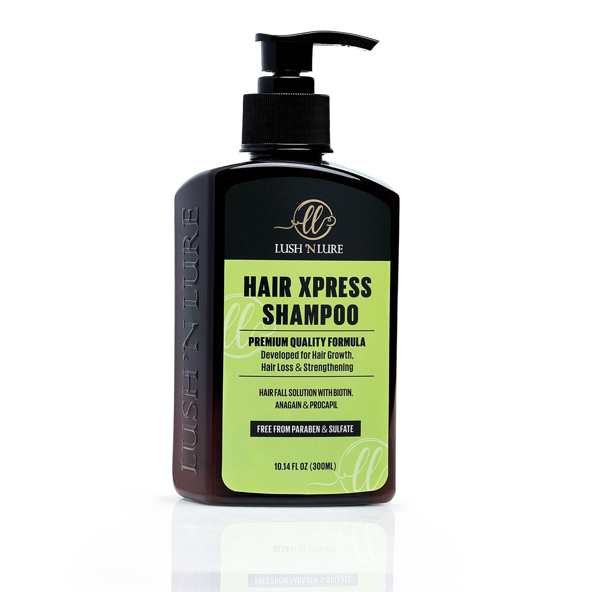 "LUSH 'N LURE Hair Xpress Shampoo for hair fall and growth displayed against a vibrant background, emphasizing its formula designed to promote healthy hair growth and reduce hair fall."