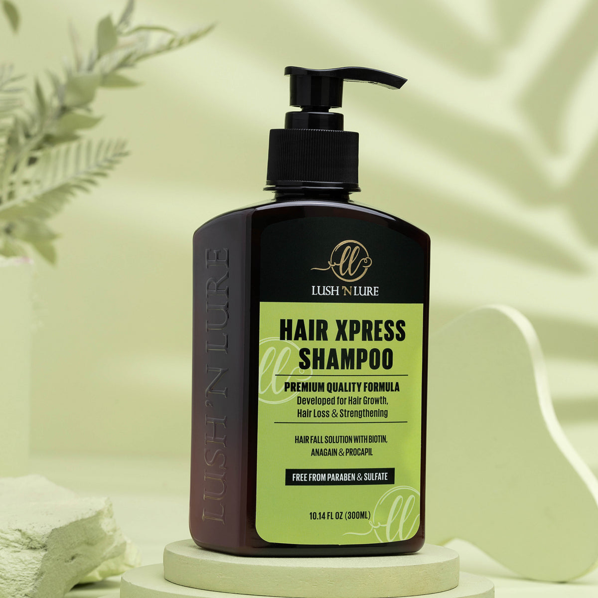 "LUSH 'N LURE Hair Xpress Shampoo for hair fall and growth displayed against a vibrant background, emphasizing its formula designed to promote healthy hair growth and reduce hair fall."