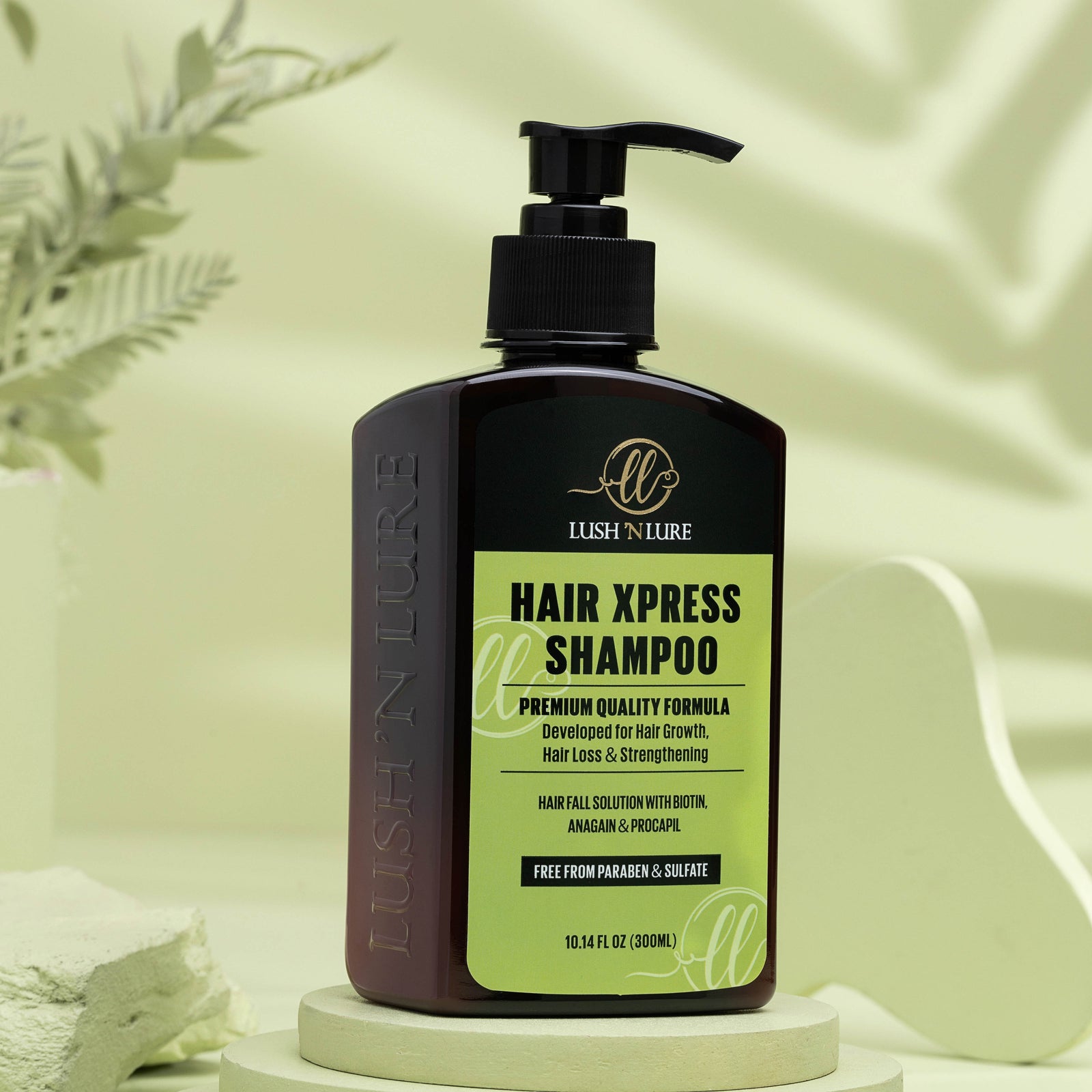 "LUSH 'N LURE Hair Xpress Shampoo for hair fall and growth displayed against a vibrant background, emphasizing its formula designed to promote healthy hair growth and reduce hair fall."