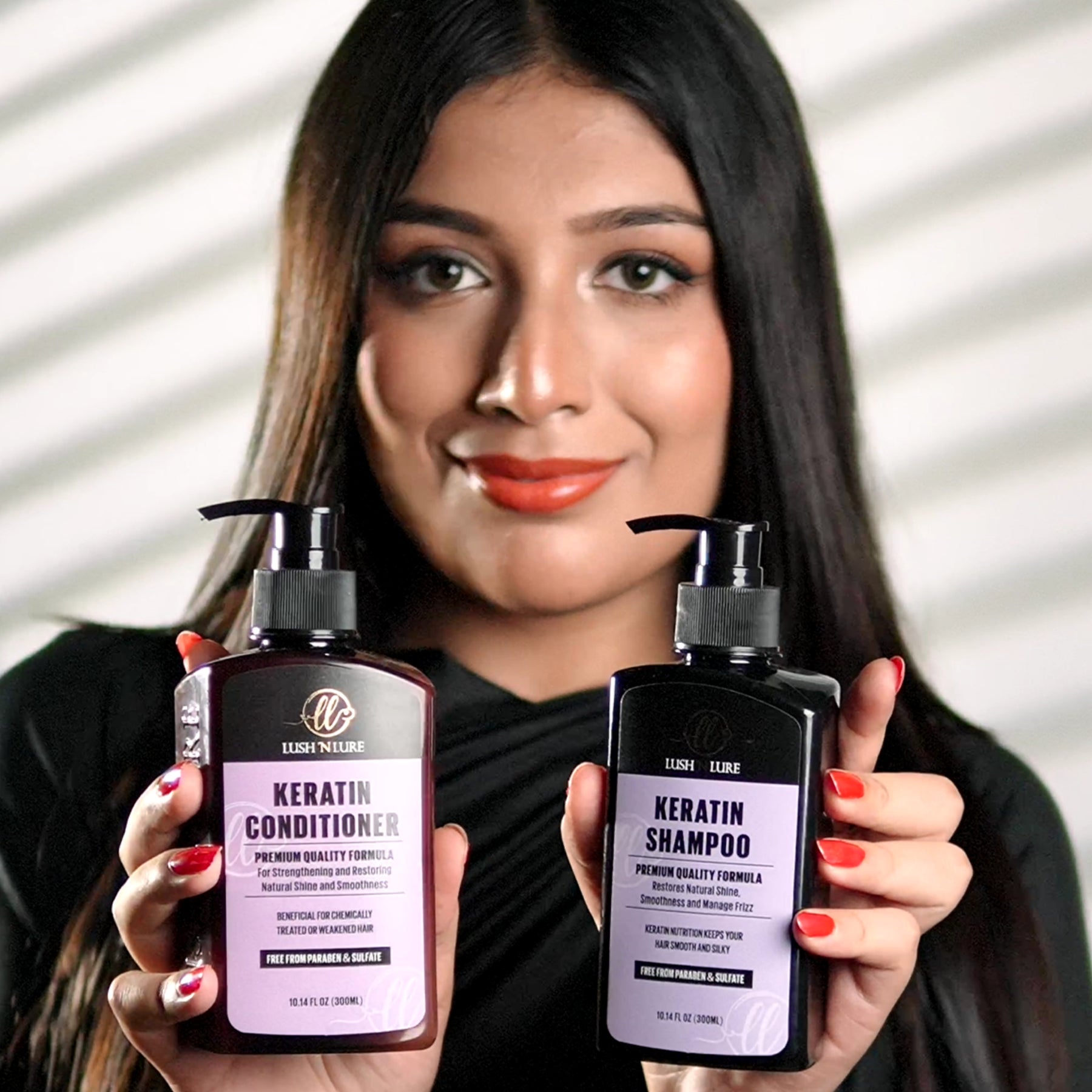 "Model featuring LUSHNLURE Keratin Shampoo – a strengthening formula enriched with keratin to repair damage, reduce frizz, and leave hair smooth, shiny, and manageable."