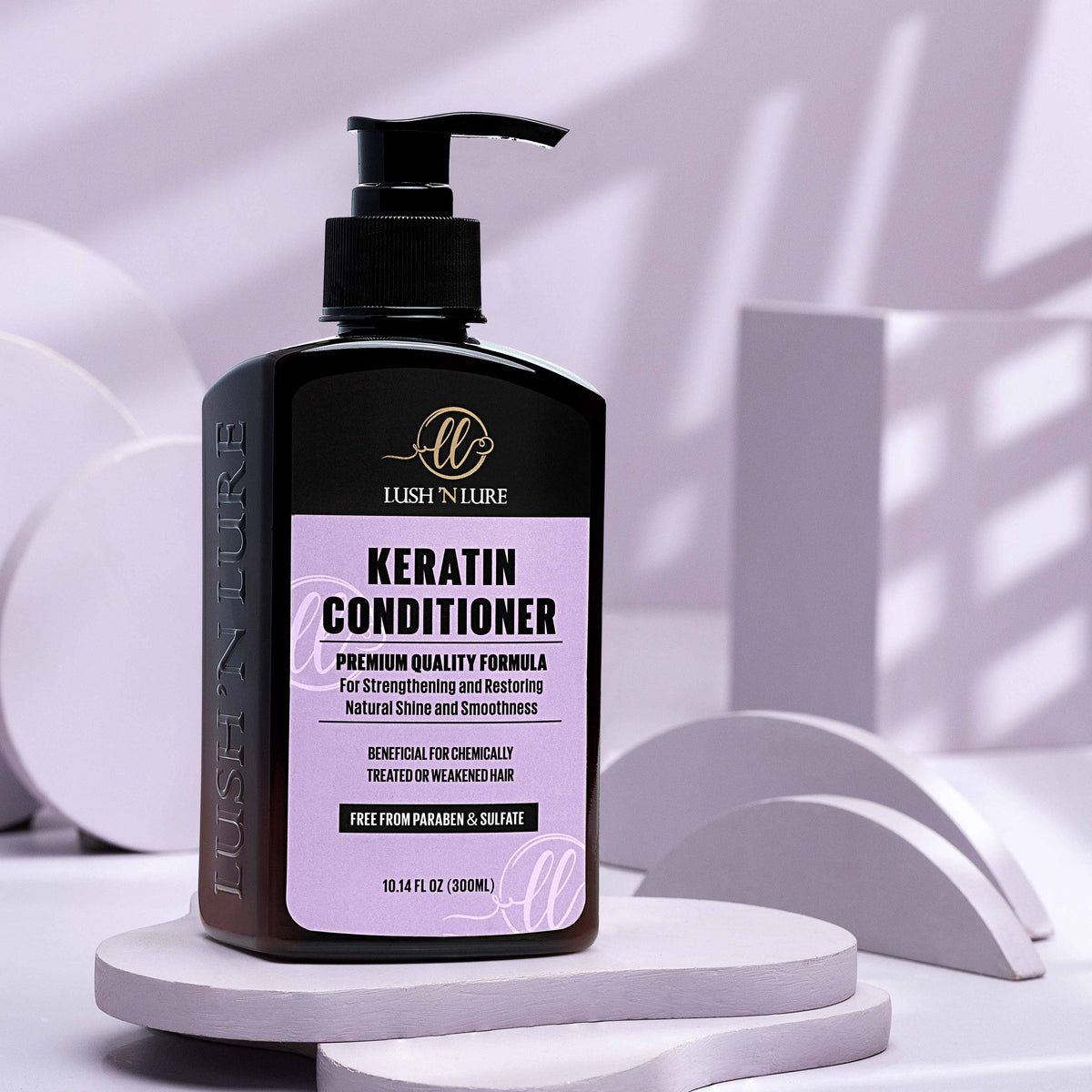 "LUSH 'N LURE Keratin Conditioner displayed elegantly with a smooth backdrop, highlighting its nourishing formula designed to strengthen and hydrate keratin-treated hair."
