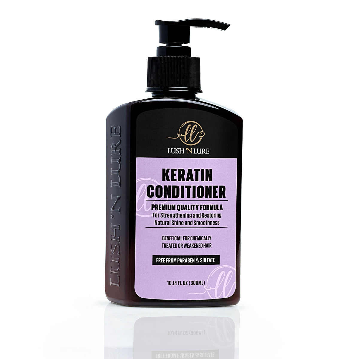 "LUSH 'N LURE Keratin Conditioner displayed elegantly with a smooth backdrop, highlighting its nourishing formula designed to strengthen and hydrate keratin-treated hair."