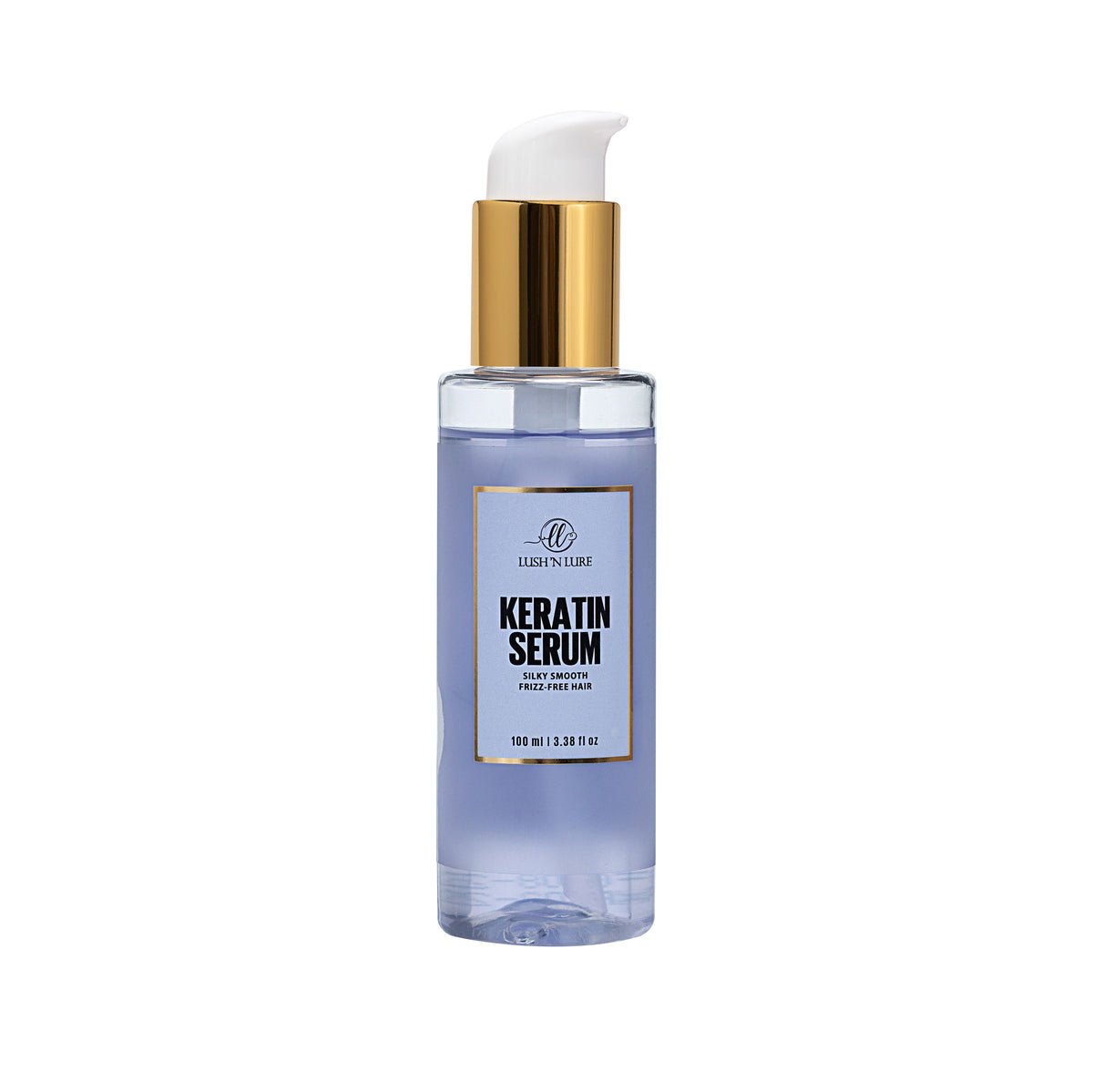 "LUSH 'N LURE Keratin Serum bottle displayed against a sleek background, highlighting its lightweight formula designed to smooth frizz and enhance shine for healthier-looking hair."