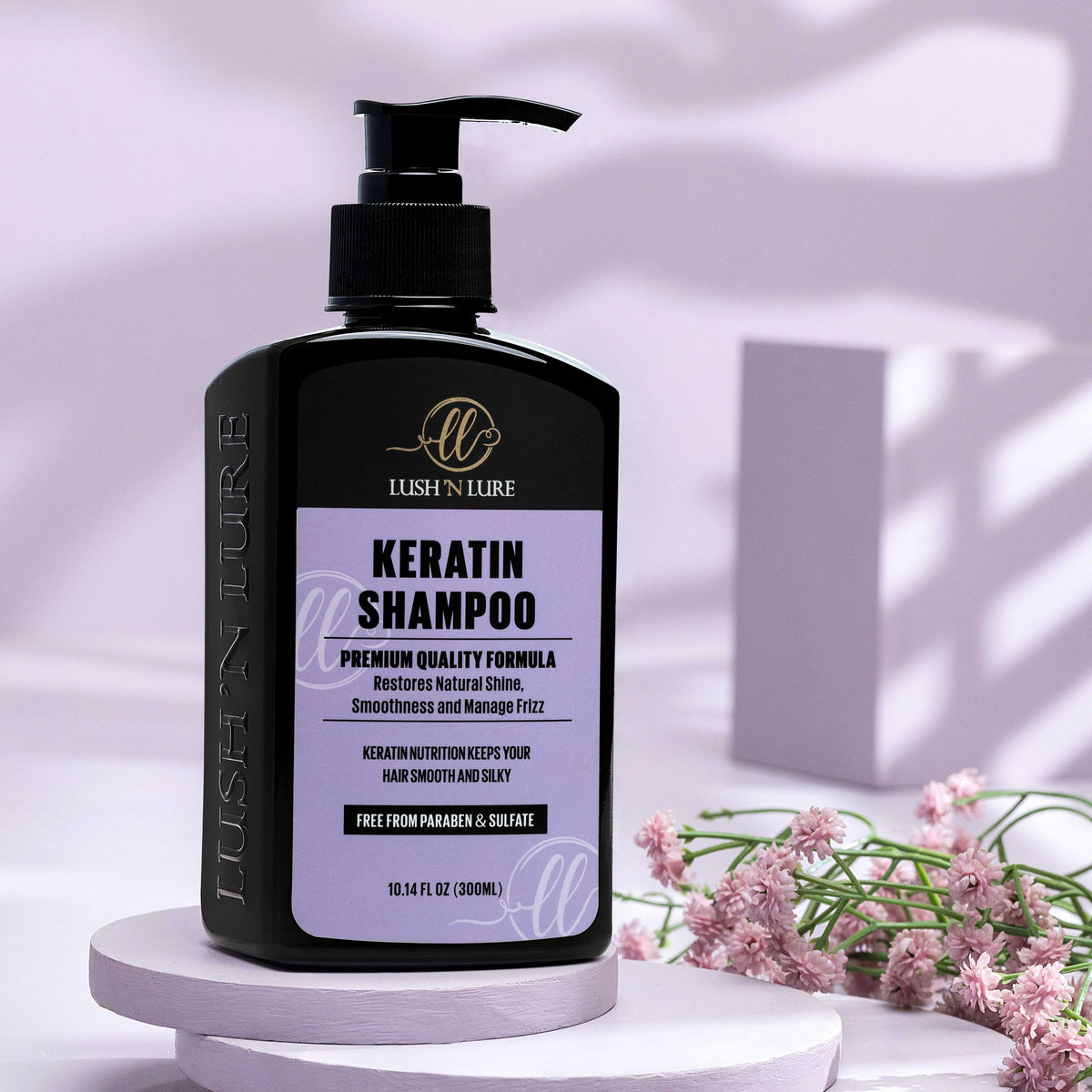 "LUSH 'N LURE Keratin Shampoo displayed elegantly with a sleek background, highlighting its formula designed to nourish and strengthen keratin-treated hair."
