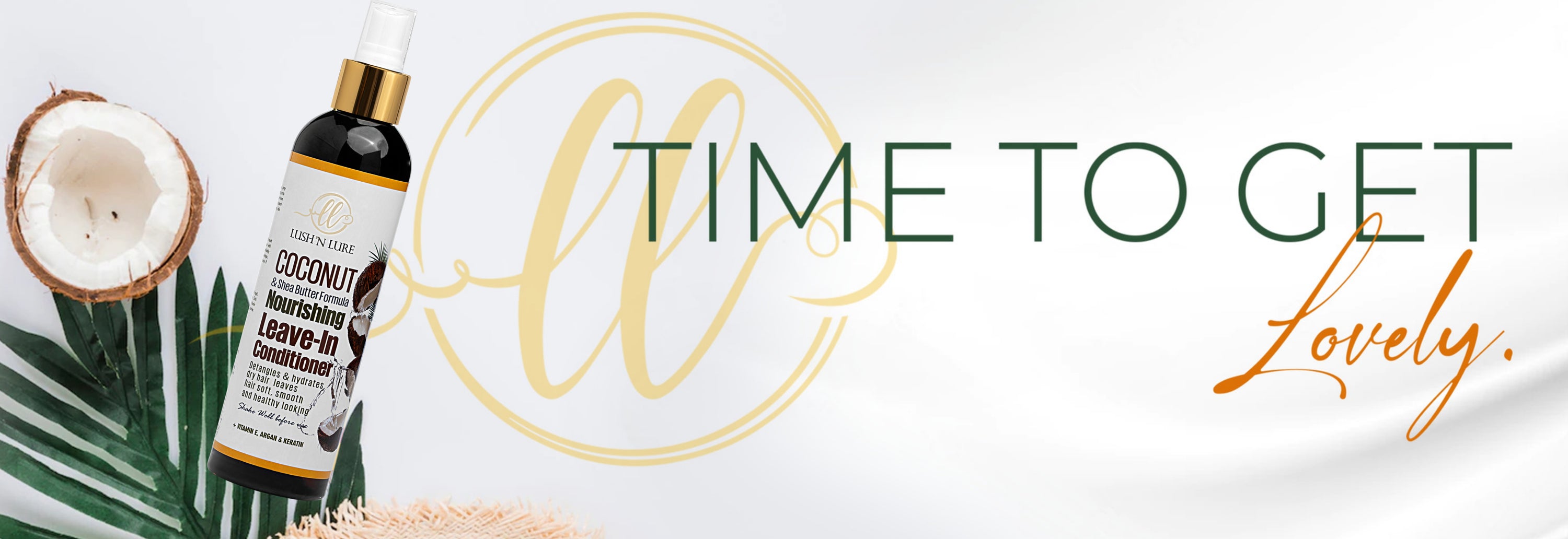 "LUSH 'N LURE Coconut Leave-In Conditioner Spray featured on a tropical backdrop with fresh coconuts and palm leaves, promoting hydration and nourishment for soft, manageable hair."