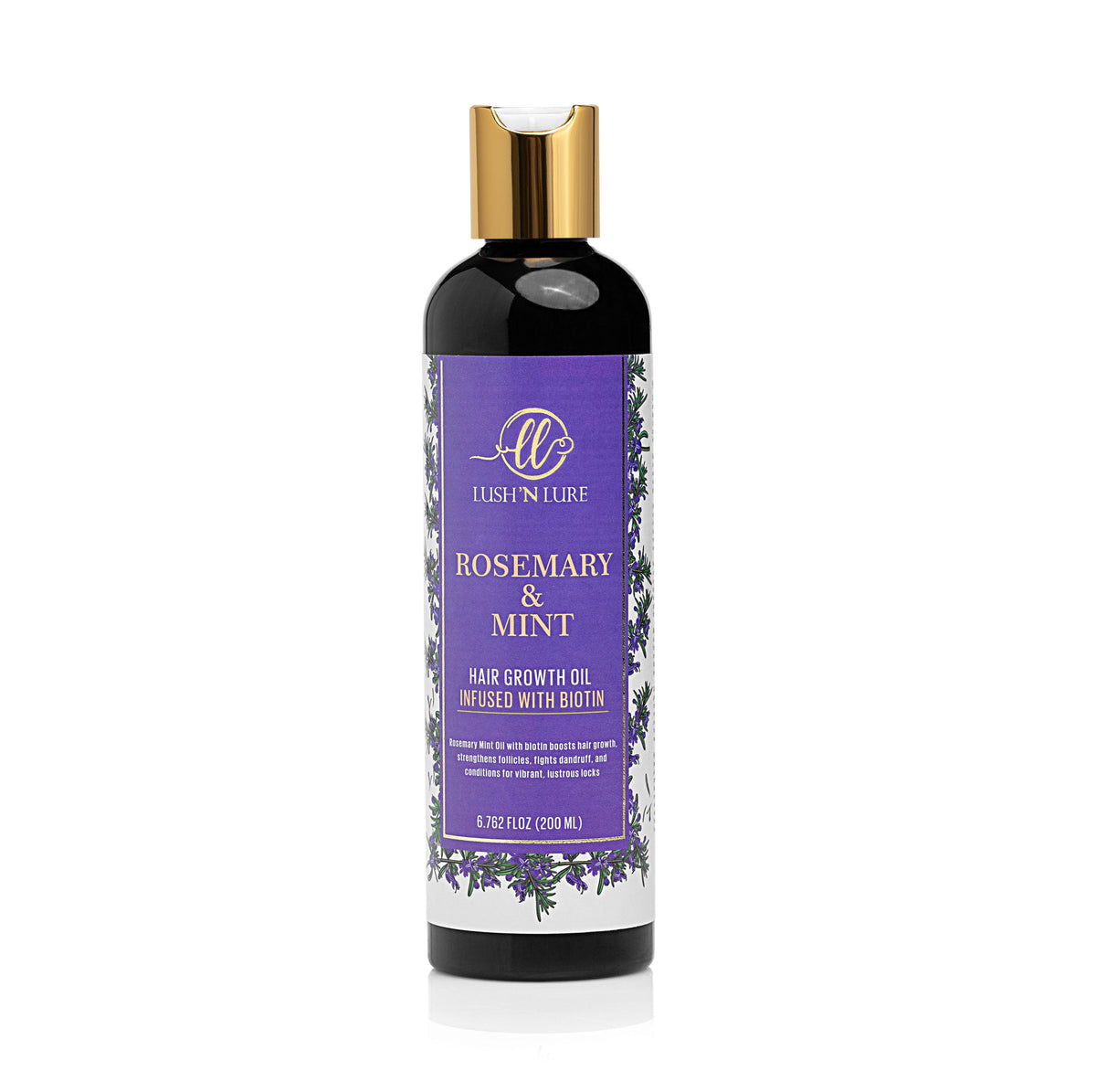 "LUSH 'N LURE Rosemary Oil displayed on a natural wooden surface with fresh rosemary sprigs, showcasing its nourishing properties for promoting hair growth and scalp health."