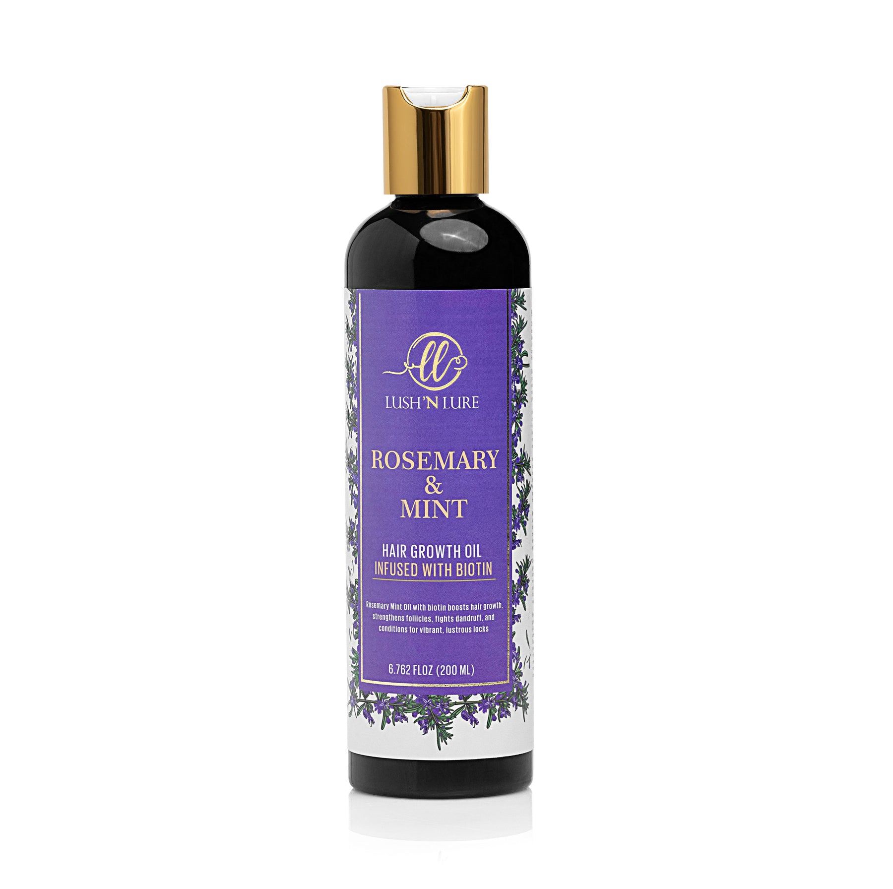 "LUSH 'N LURE Rosemary Oil displayed on a natural wooden surface with fresh rosemary sprigs, showcasing its nourishing properties for promoting hair growth and scalp health."