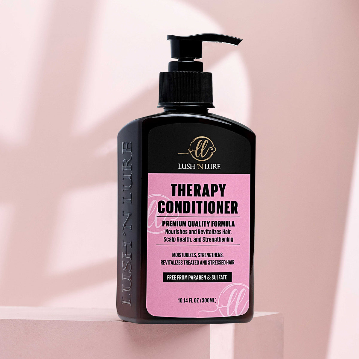 "LUSH 'N LURE Therapy Conditioner for keratin-treated hair displayed with a sleek background, showcasing its hydrating formula designed to maintain and enhance the health and shine of keratin-treated locks."