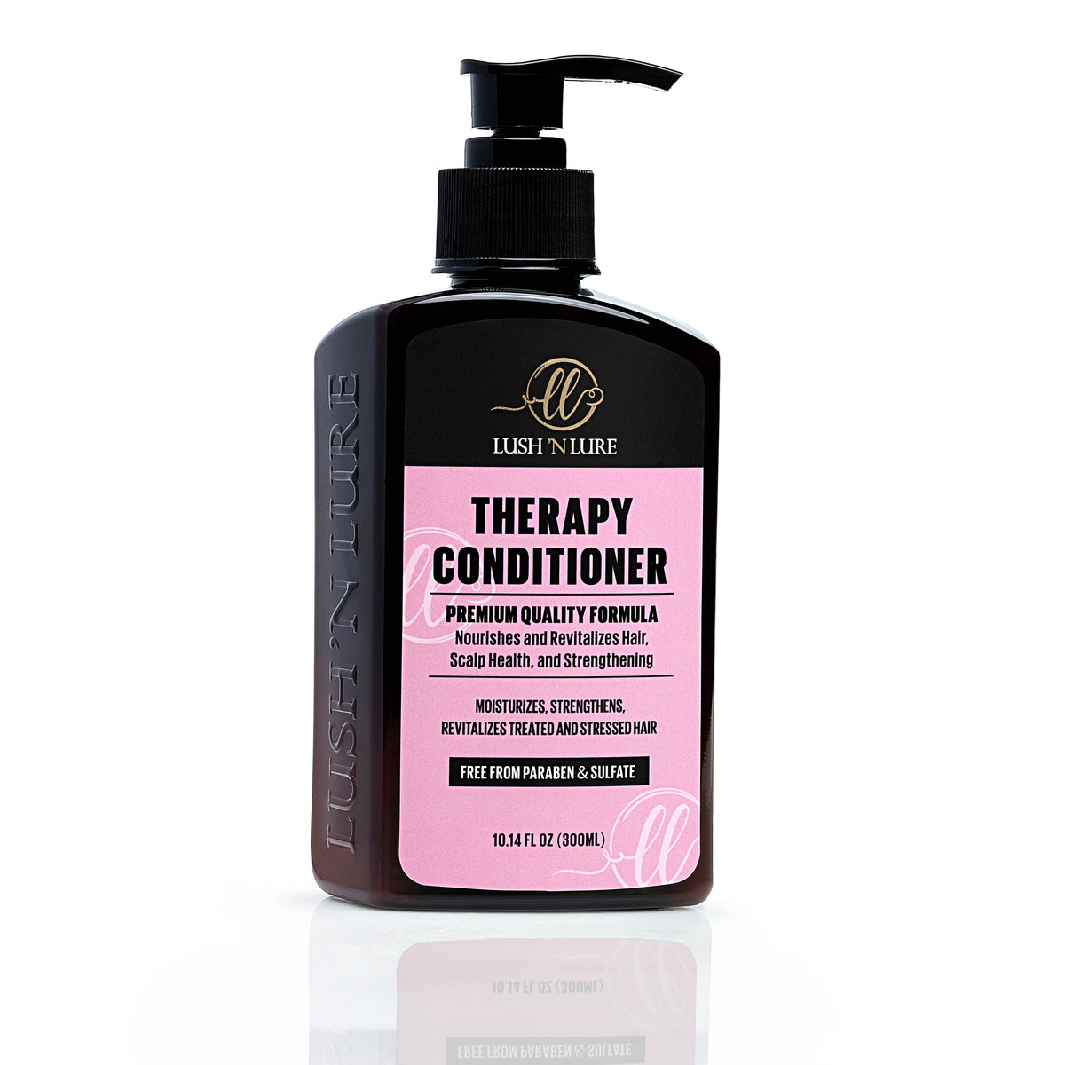 "LUSH 'N LURE Therapy Conditioner for keratin-treated hair displayed with a sleek background, showcasing its hydrating formula designed to maintain and enhance the health and shine of keratin-treated locks."
