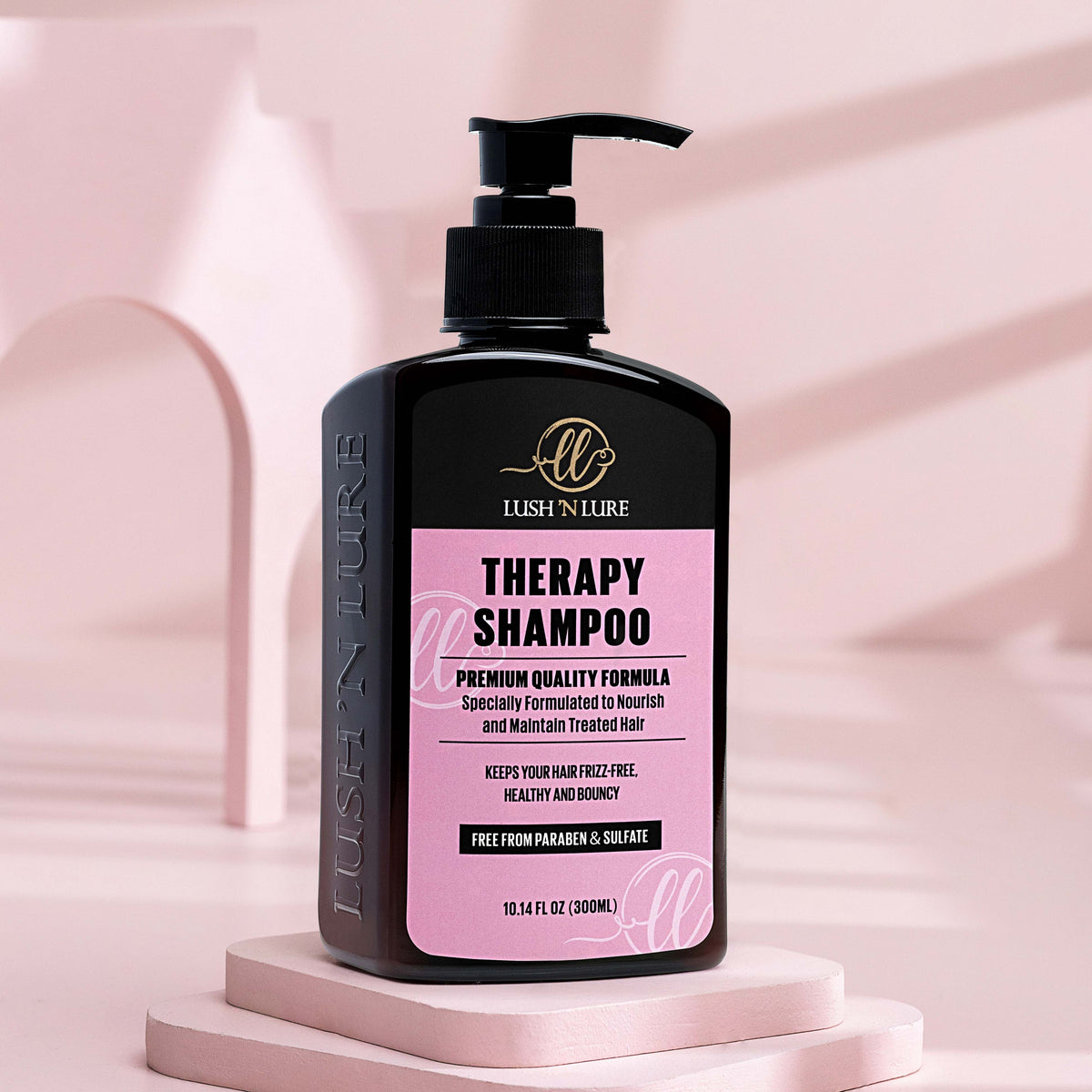 "LUSH 'N LURE Therapy Shampoo for keratin-treated hair displayed elegantly with smooth, flowing hair strands and natural elements, highlighting its nourishing formula designed to maintain and protect keratin treatments."