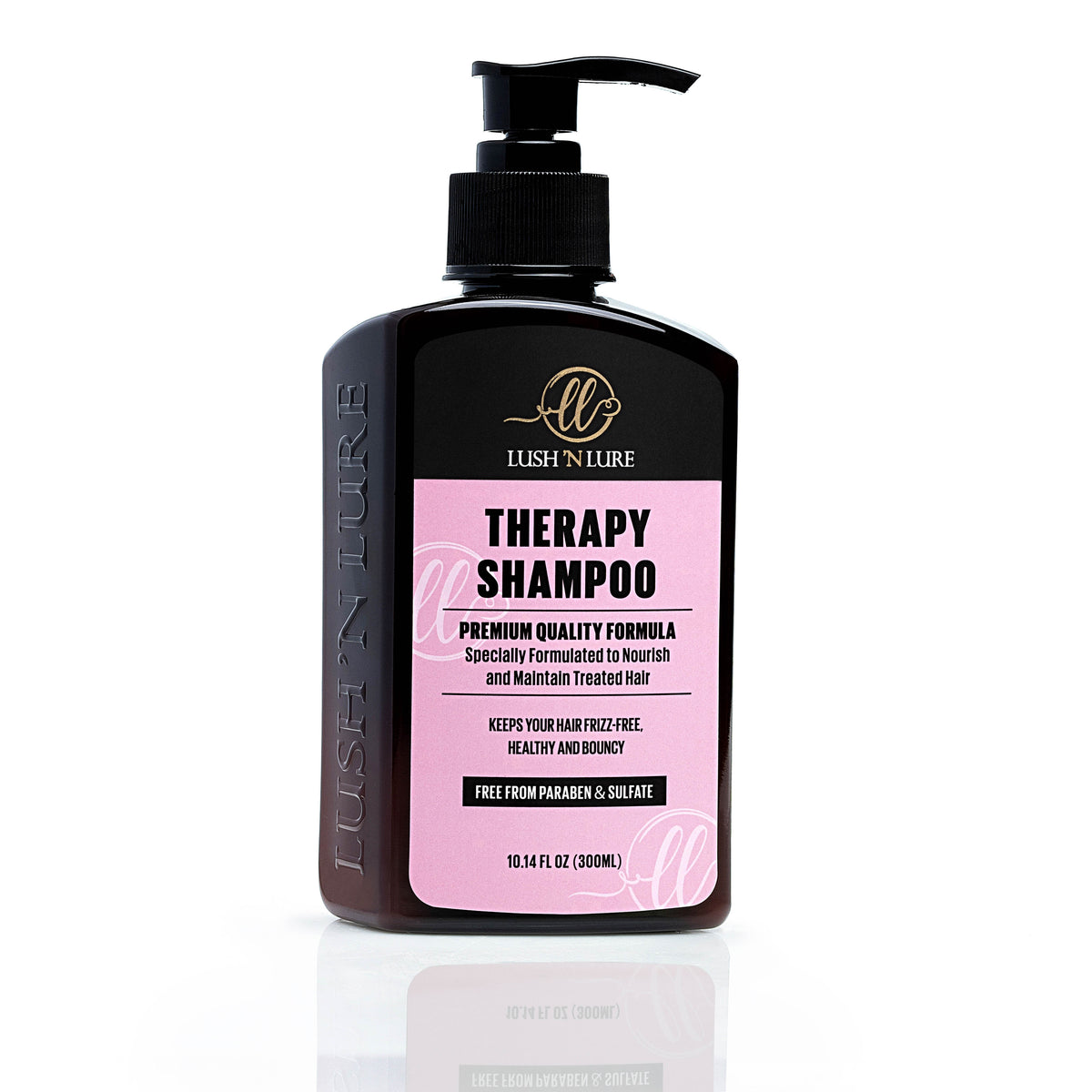 "LUSH 'N LURE Therapy Shampoo for keratin-treated hair displayed elegantly with smooth, flowing hair strands and natural elements, highlighting its nourishing formula designed to maintain and protect keratin treatments."