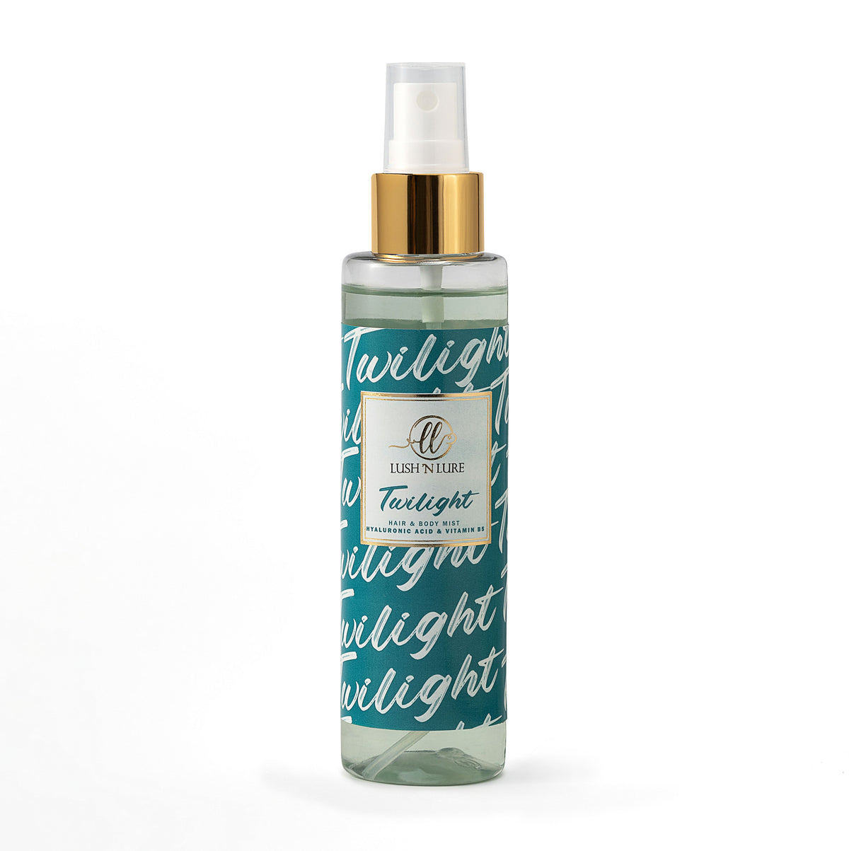 Twilight hair & body mist bottle with gold cap on a white background