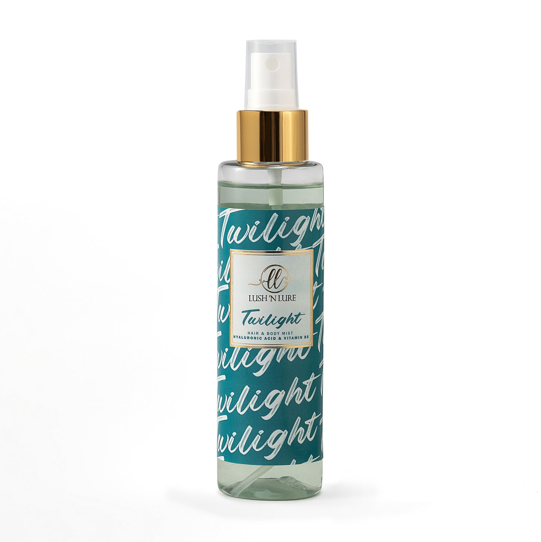 Twilight hair & body mist bottle with gold cap on a white background
