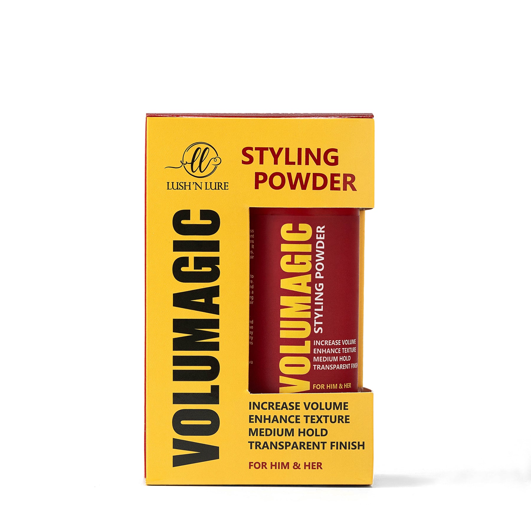Volumagic (Volume) Styling Powder packaging with yellow and red design on a white background