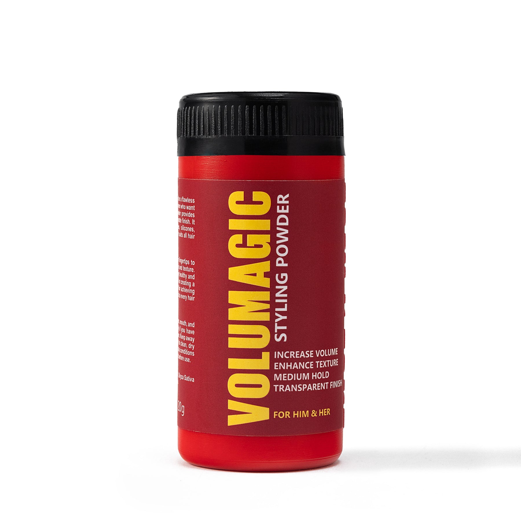 Red container of Volumagic (Volume) styling powder on a white background