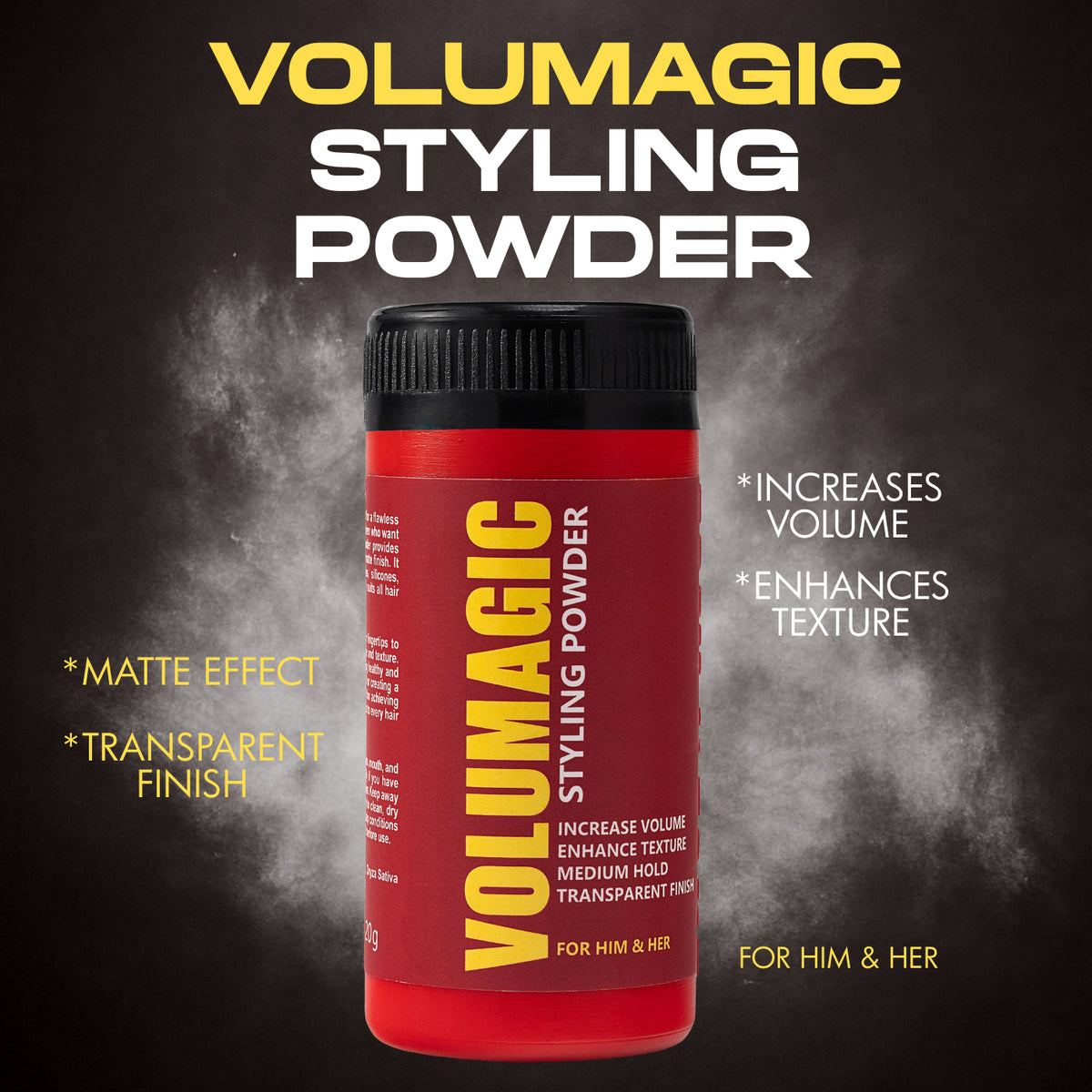 Volumagic (Volume) styling powder container with text on a dark background