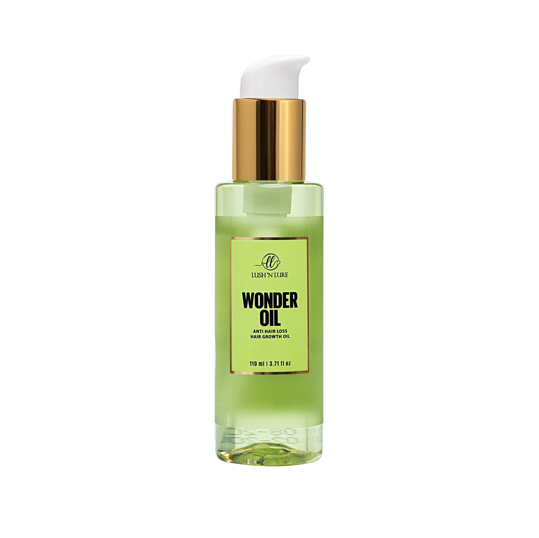 "LUSH 'N LURE Wonder Oil for Hair Growth and Fall, elegantly displayed with natural ingredients and botanical elements, showcasing its nourishing formula designed to strengthen hair and reduce hair fall."