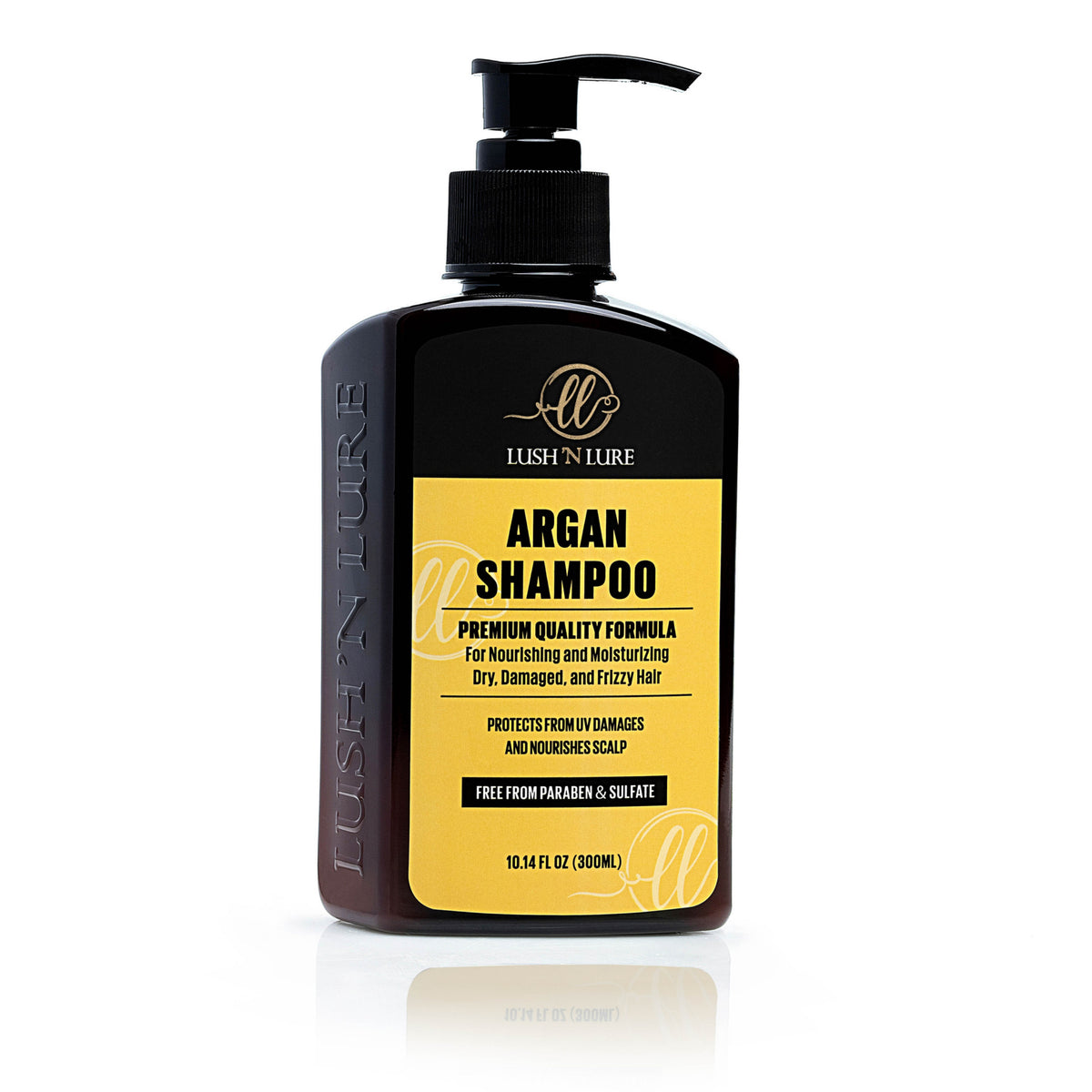 "LUSH 'N LURE Argan Shampoo displayed elegantly with a clean background, highlighting its nourishing formula designed to hydrate and strengthen hair."