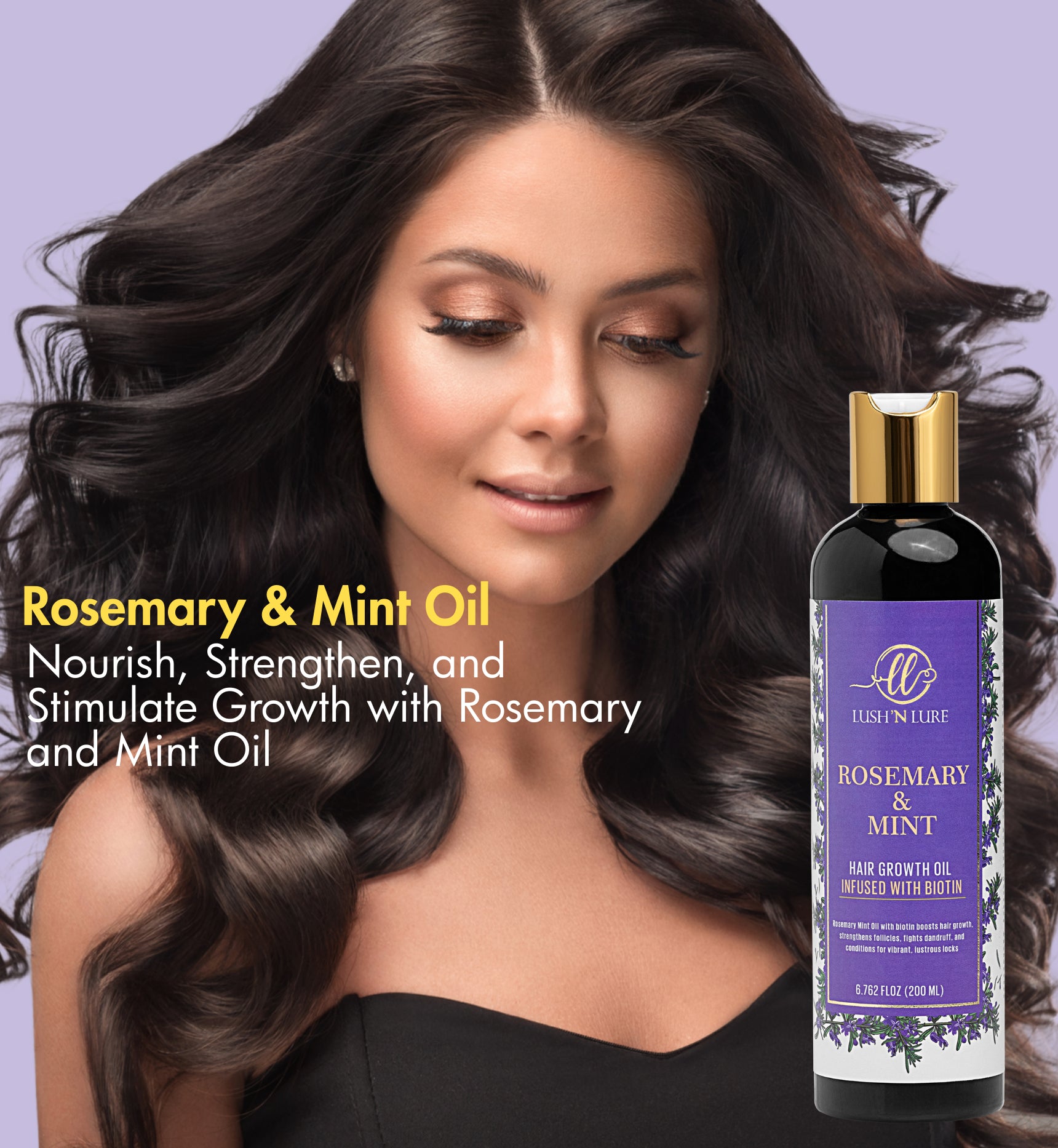Model with healthy hair with rosemary and mint oil, highlighting natural nourishment and revitalizing freshness."