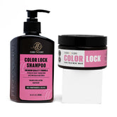 "LUSH 'N LURE Color Lock Shampoo and Hair Mask duo for color-treated hair, arranged stylishly with natural elements to convey vibrant color preservation and deep conditioning benefits."