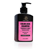 "LUSH 'N LURE Color Lock Shampoo bottle elegantly displayed with vibrant color accents and fresh flowers, emphasizing its formula designed to protect and preserve color-treated hair."