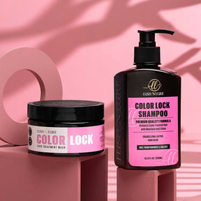 "LUSH 'N LURE Color Lock Shampoo and Hair Mask duo for color-treated hair, arranged stylishly with natural elements to convey vibrant color preservation and deep conditioning benefits."