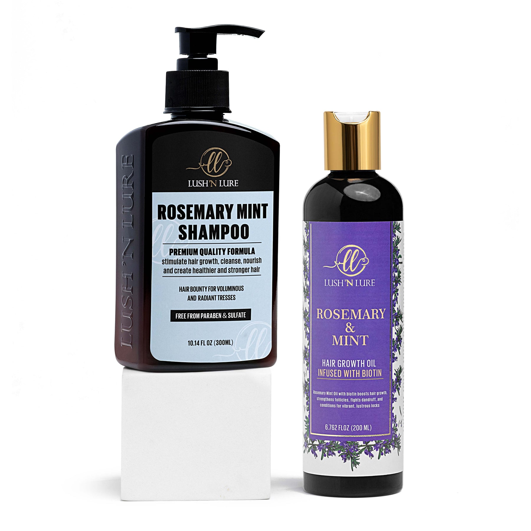 "LUSH 'N LURE Rosemary Shampoo and Rosemary Oil Hair Growth Bundle, designed for strengthening and promoting hair growth, displayed with fresh rosemary sprigs to highlight natural, nourishing ingredients."