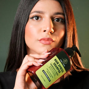 "Model showcasing LUSHNLURE Xpress Shampoo – specially formulated to reduce hair fall and promote hair growth, leaving hair stronger, healthier, and revitalized."