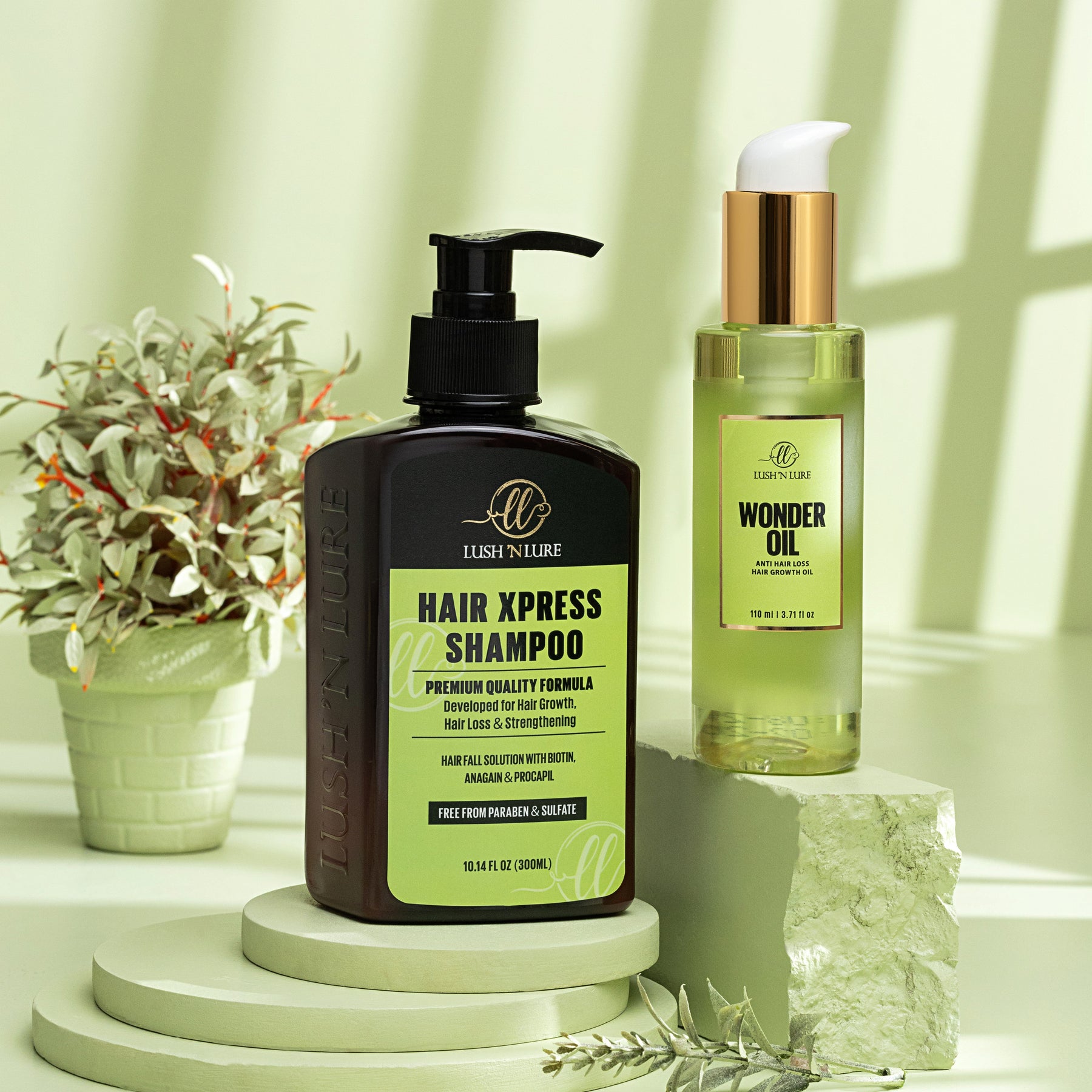 
"LUSH 'N LURE Hair Xpress Shampoo and Wonder Oil for Hair Fall & Growth duo arranged together, showcasing their effective formulas for promoting healthy hair growth and reducing hair fall."