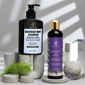 "LUSH 'N LURE Rosemary Shampoo and Rosemary Oil Hair Growth Bundle, designed for strengthening and promoting hair growth, displayed with fresh rosemary sprigs to highlight natural, nourishing ingredients."