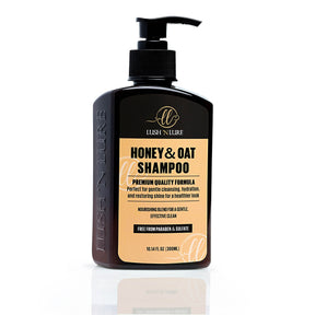 "LUSH 'N LURE Honey & Oat Shampoo bottle surrounded by honey drizzles and oat flakes, showcasing its gentle and nourishing formula for soft, healthy hair."