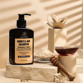 "LUSH 'N LURE Honey & Oat Shampoo bottle surrounded by honey drizzles and oat flakes, showcasing its gentle and nourishing formula for soft, healthy hair."