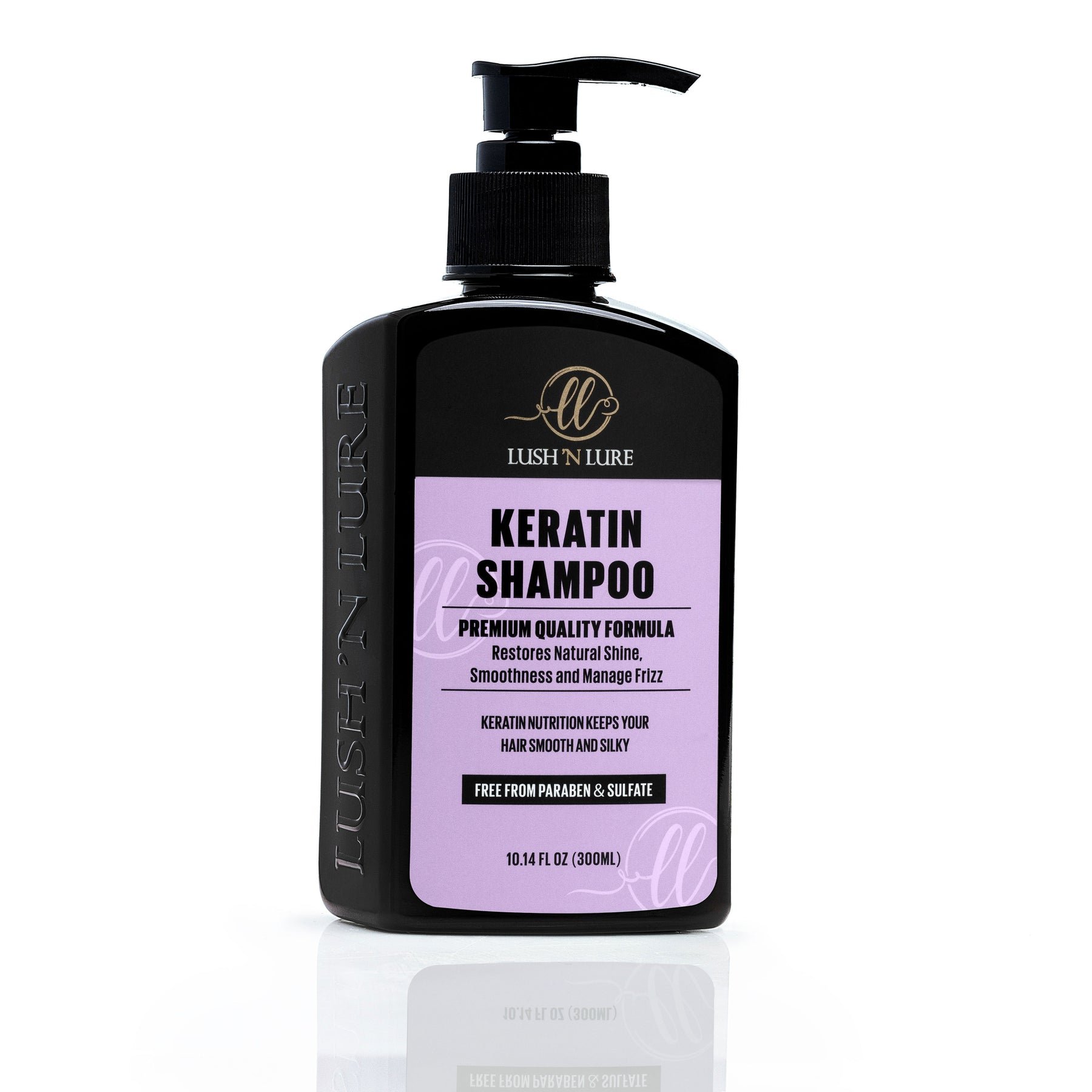 
"LUSH 'N LURE Keratin Shampoo displayed elegantly with a sleek background, highlighting its formula designed to nourish and strengthen keratin-treated hair."