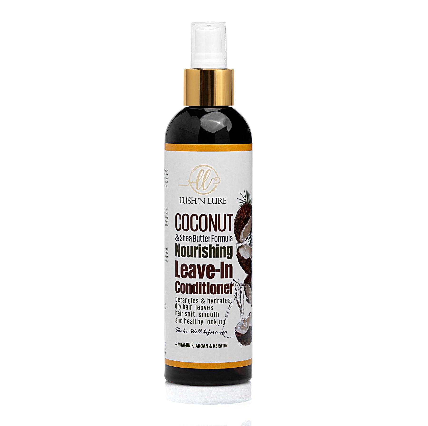 "LUSH 'N LURE Coconut Leave-In Conditioner Spray showcased with fresh coconut halves and tropical leaves, highlighting its hydrating formula designed for soft, manageable hair."